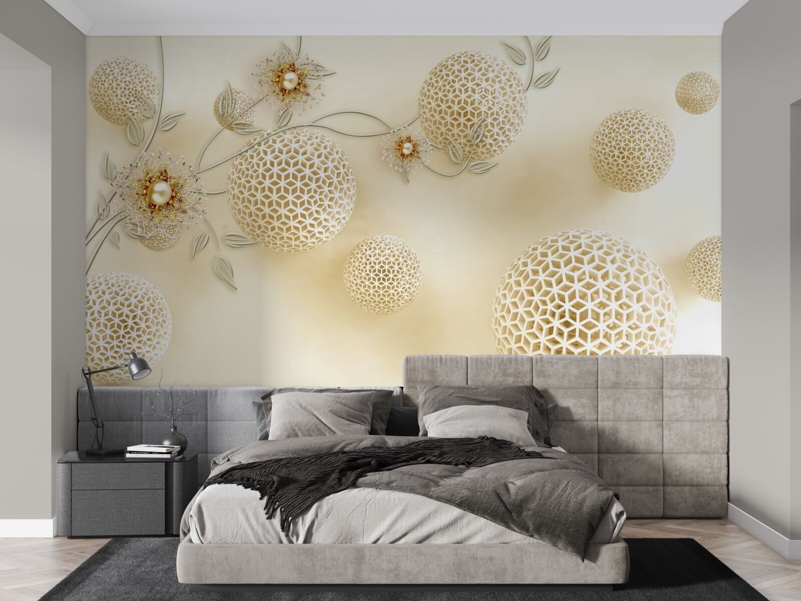 Papier peint boules de texture flottant dans l'air et fleurs blanches