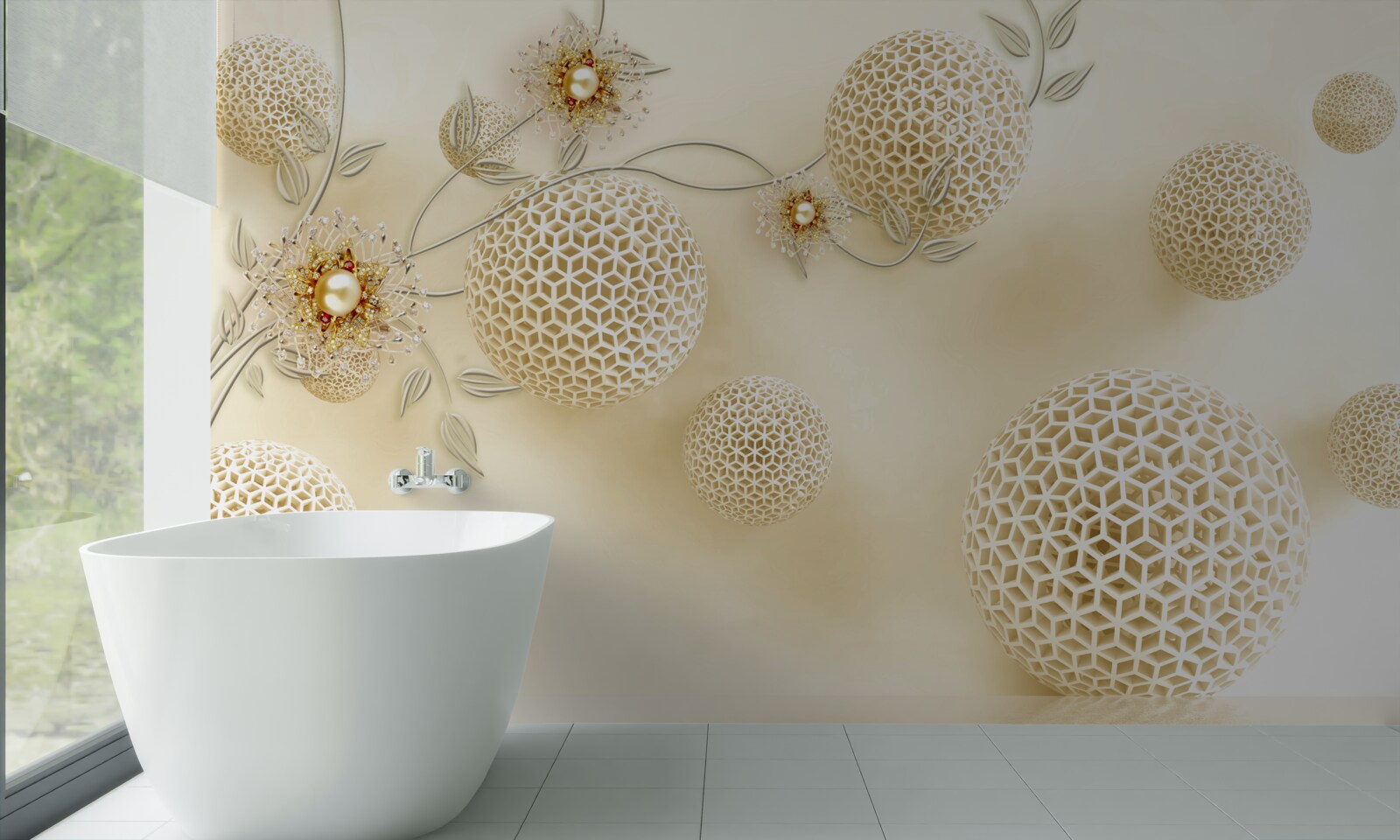 Papier peint boules de texture flottant dans l'air et fleurs blanches