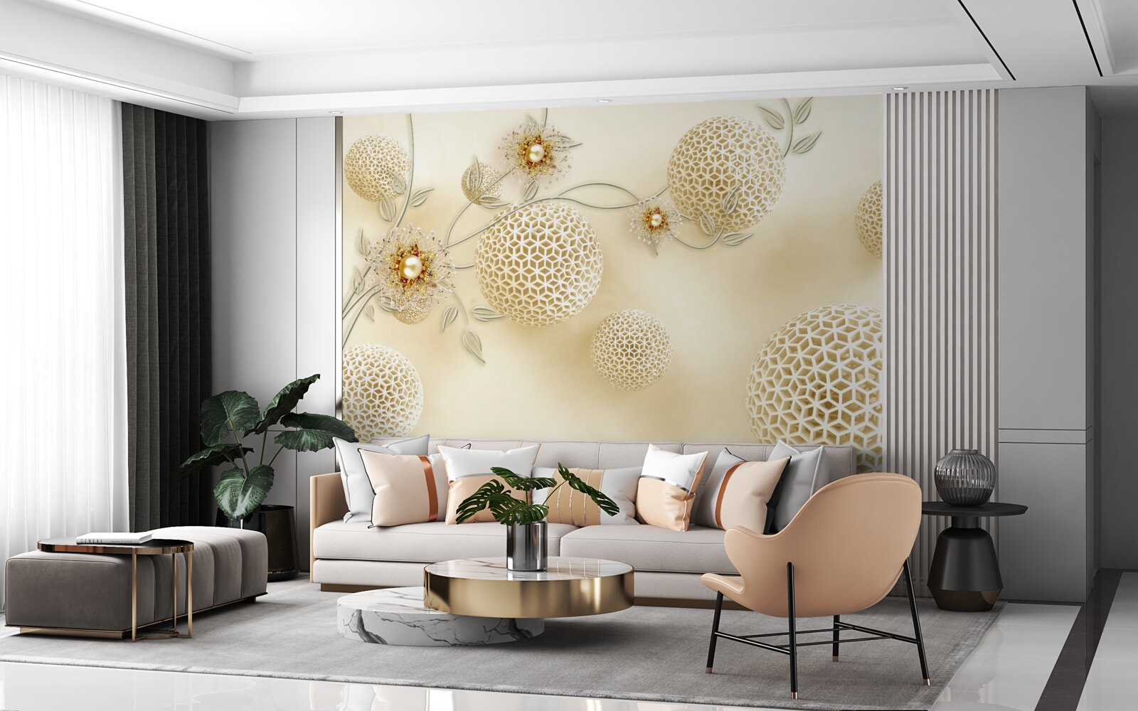 Papier peint boules de texture flottant dans l'air et fleurs blanches