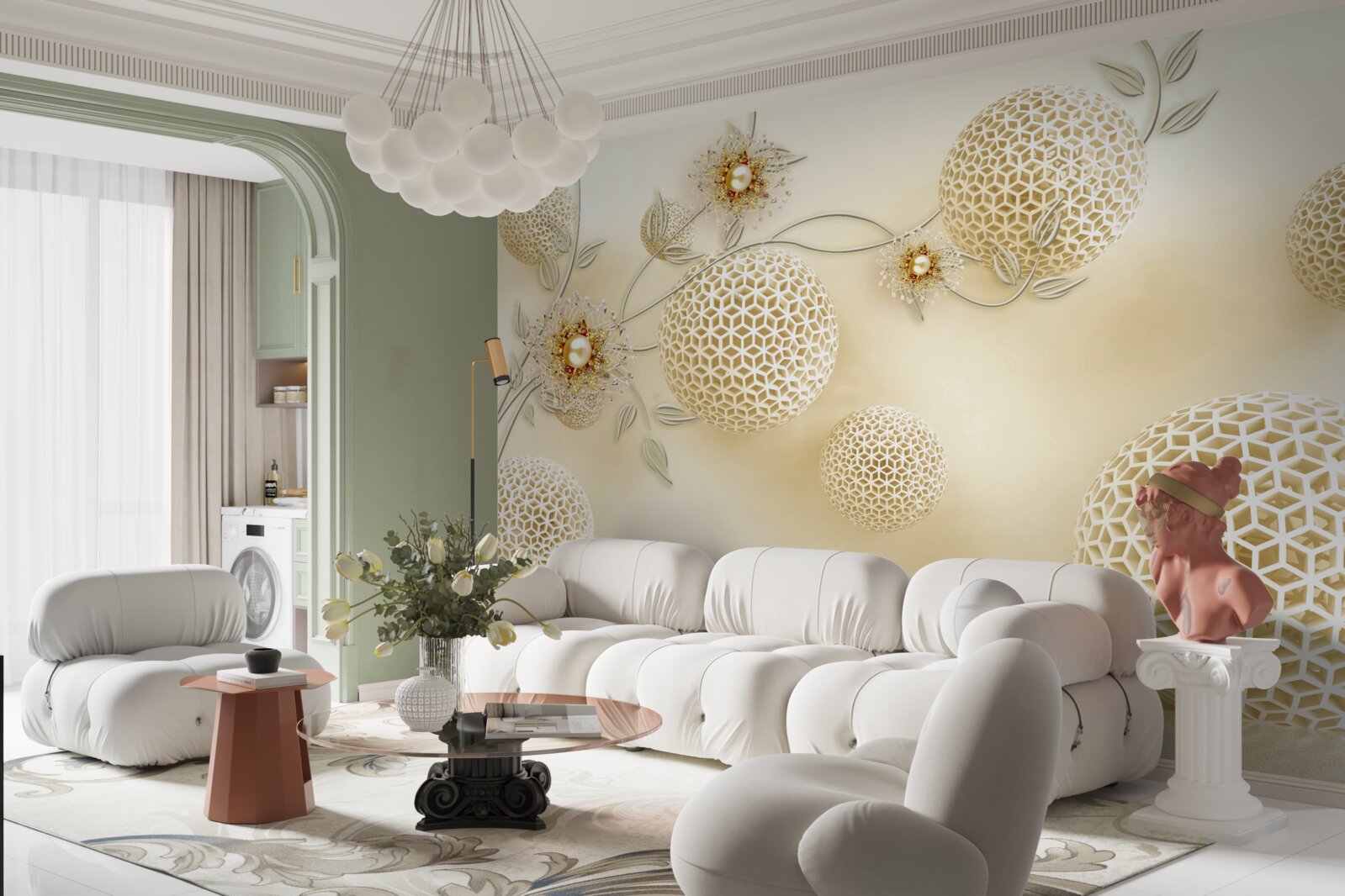 Papier peint boules de texture flottant dans l'air et fleurs blanches