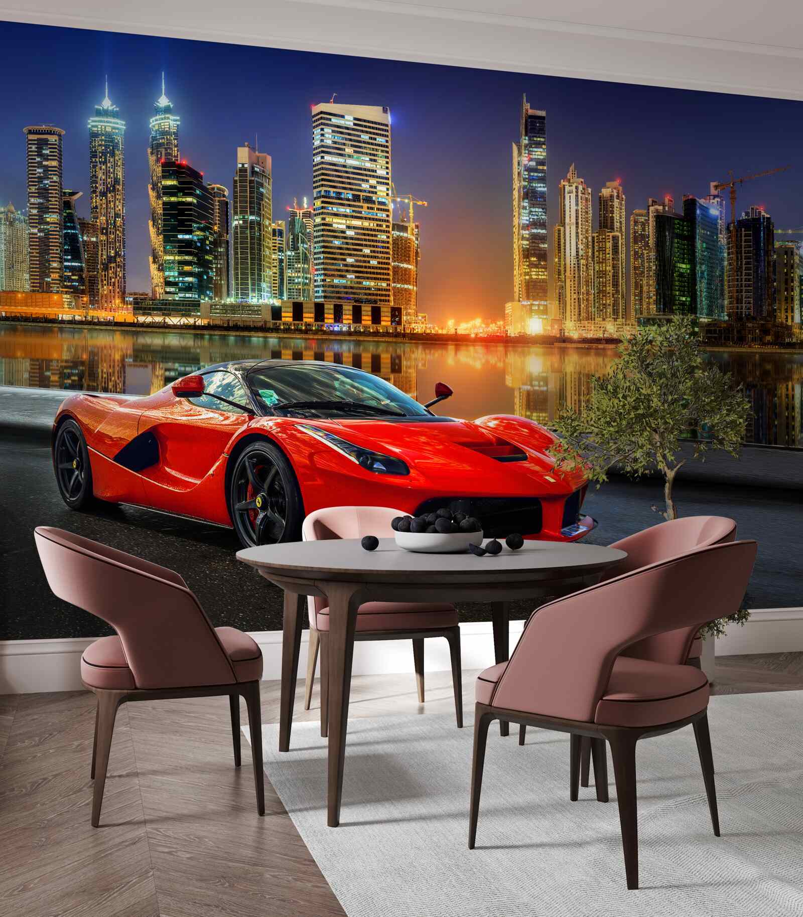 Papier peint voiture de sport avec un paysage urbain nocturne en arrière-plan