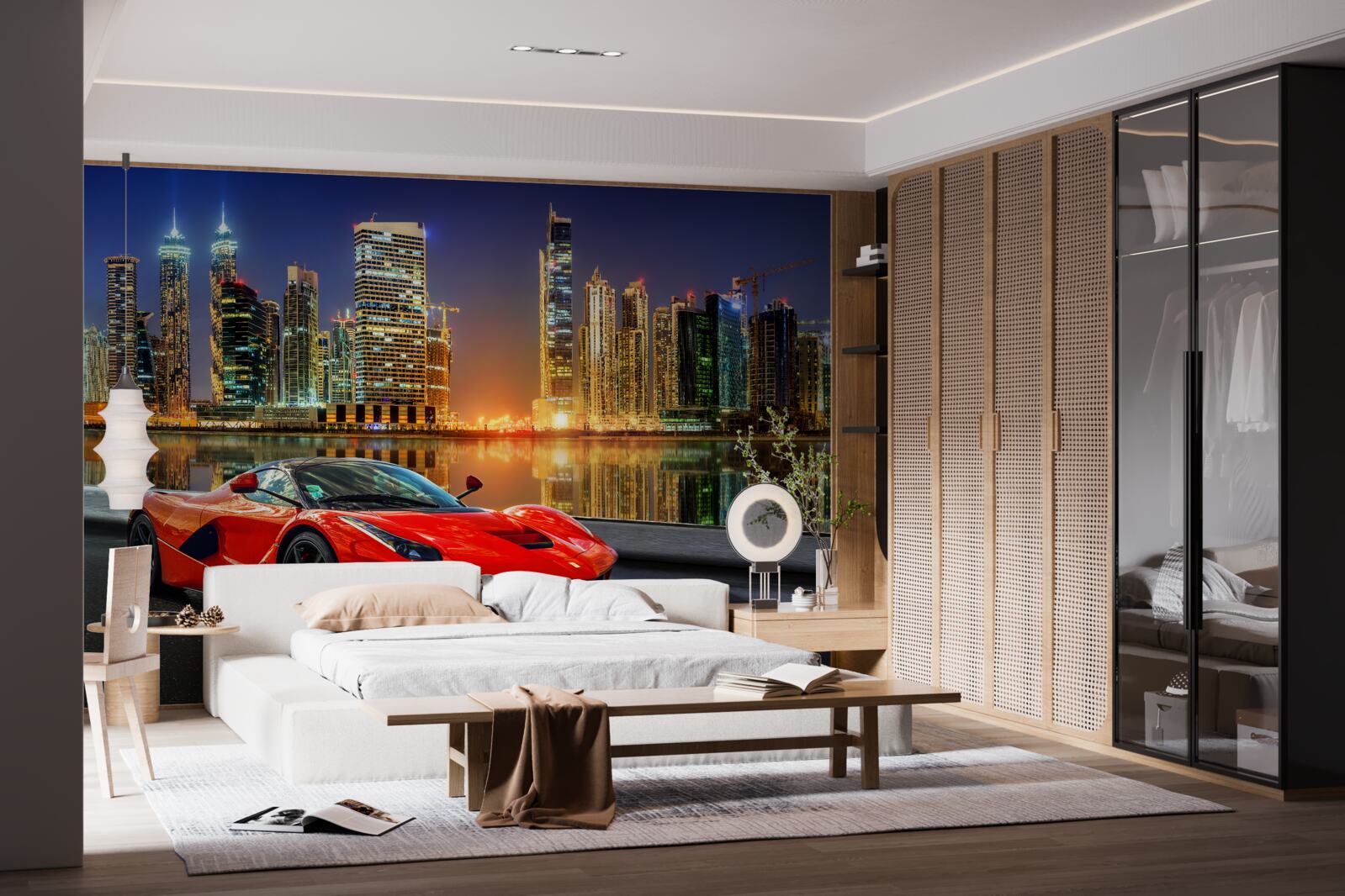 Papier peint voiture de sport avec un paysage urbain nocturne en arrière-plan