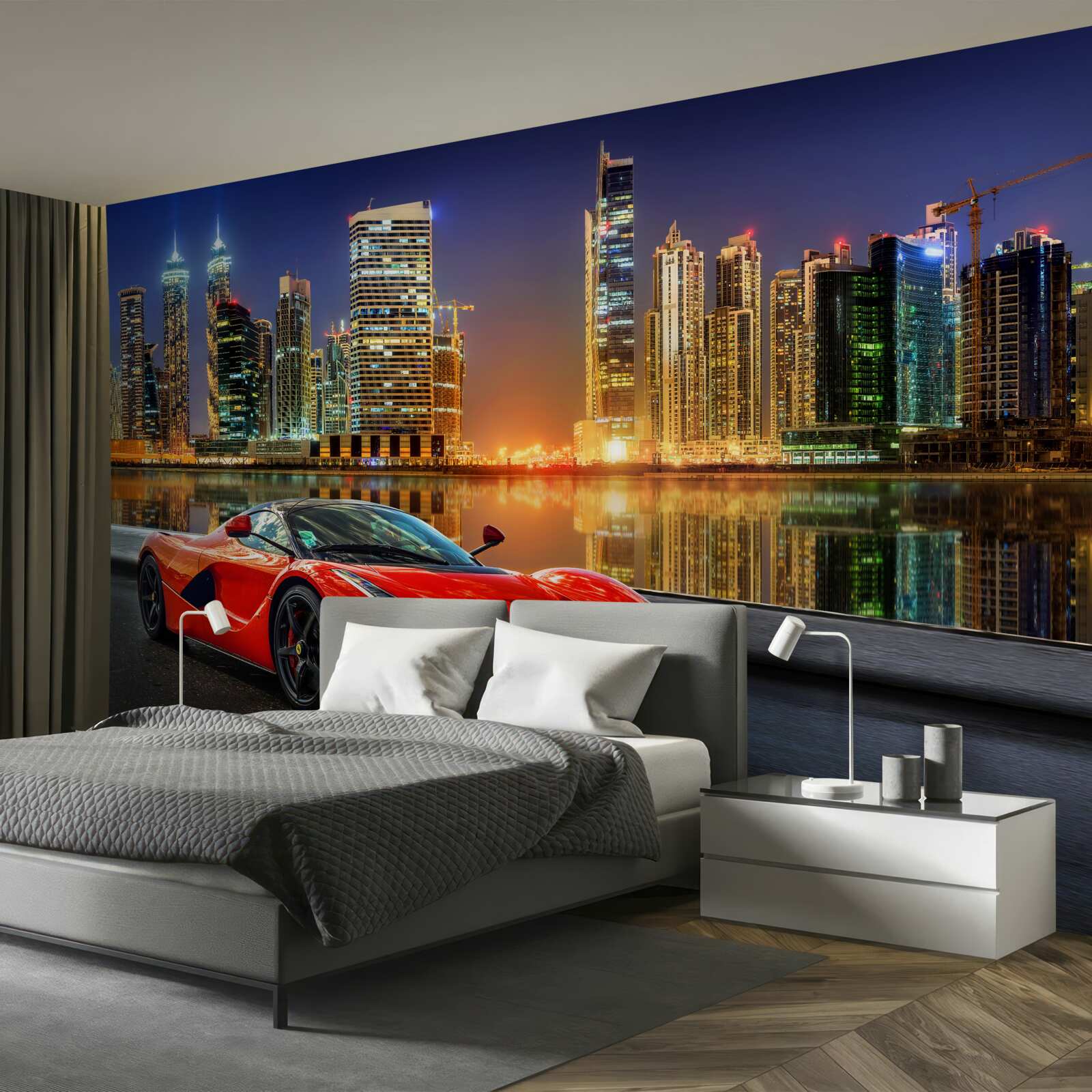 Papier peint voiture de sport avec un paysage urbain nocturne en arrière-plan