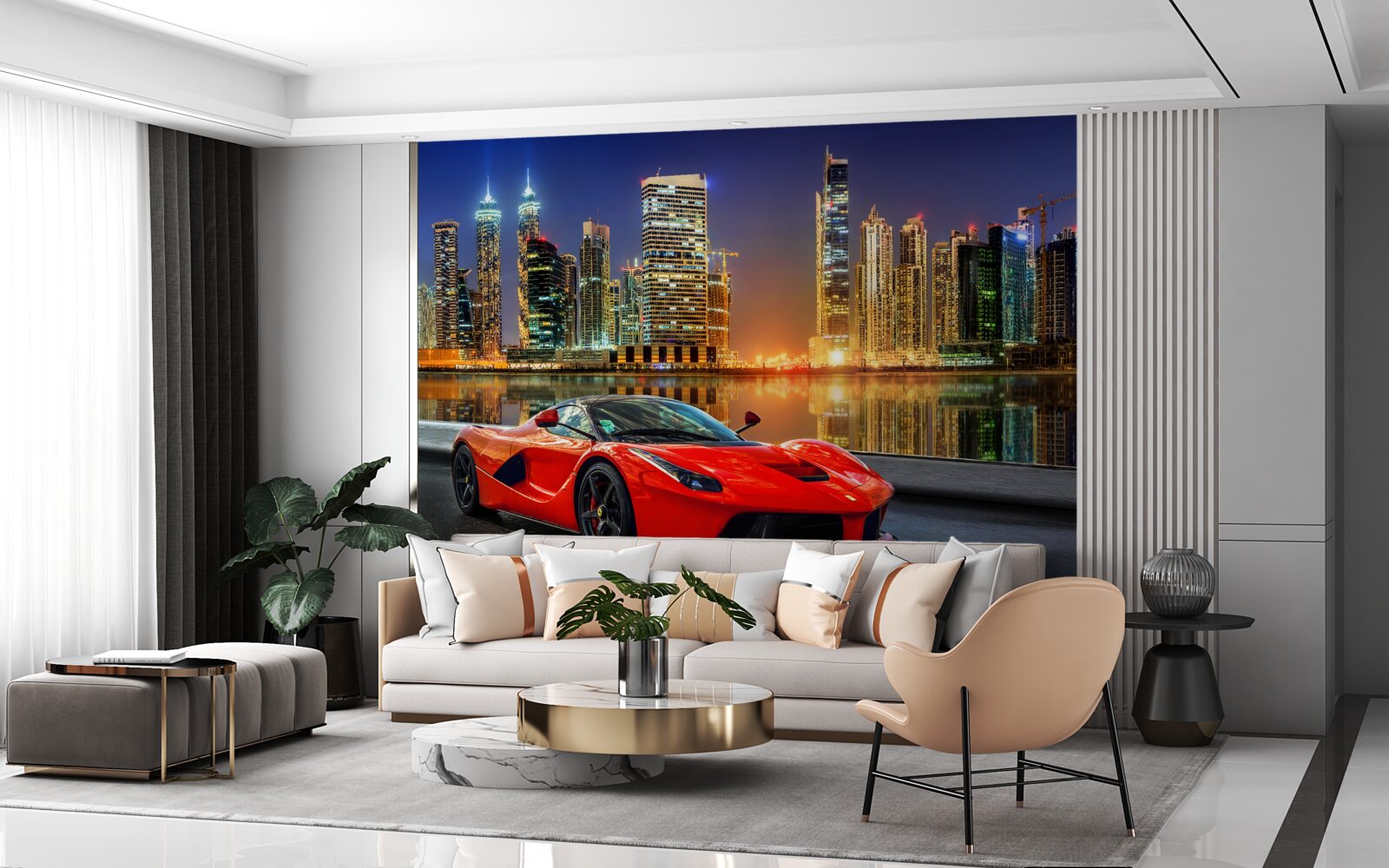 Papier peint voiture de sport avec un paysage urbain nocturne en arrière-plan