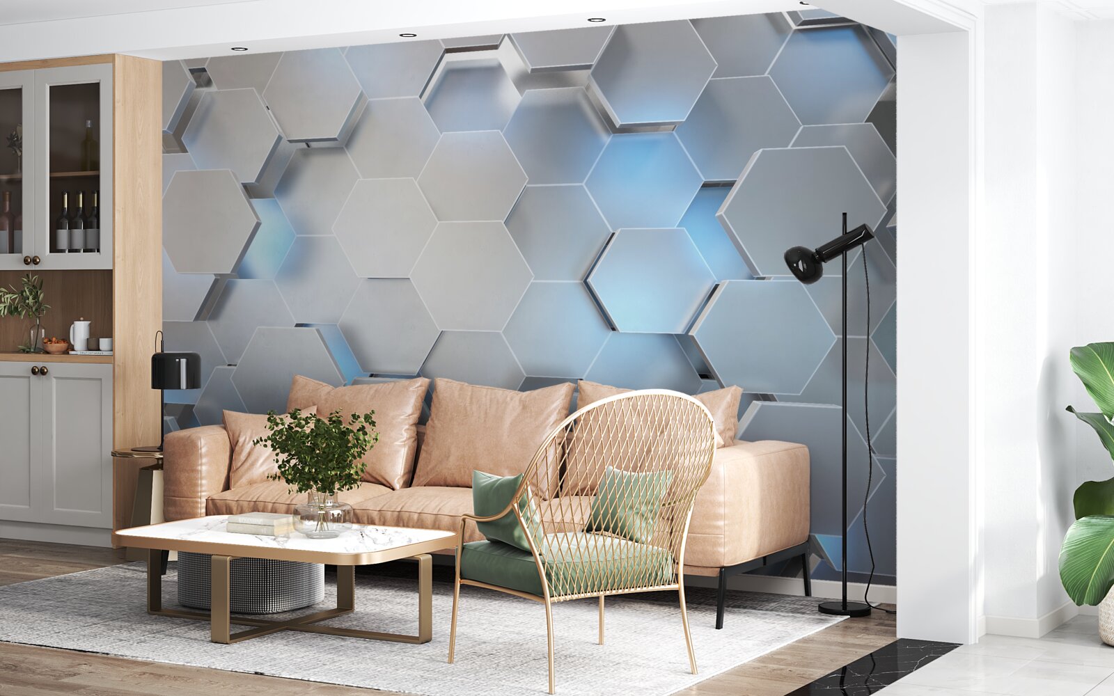 Papier peint hexagones gris avec accent bleu