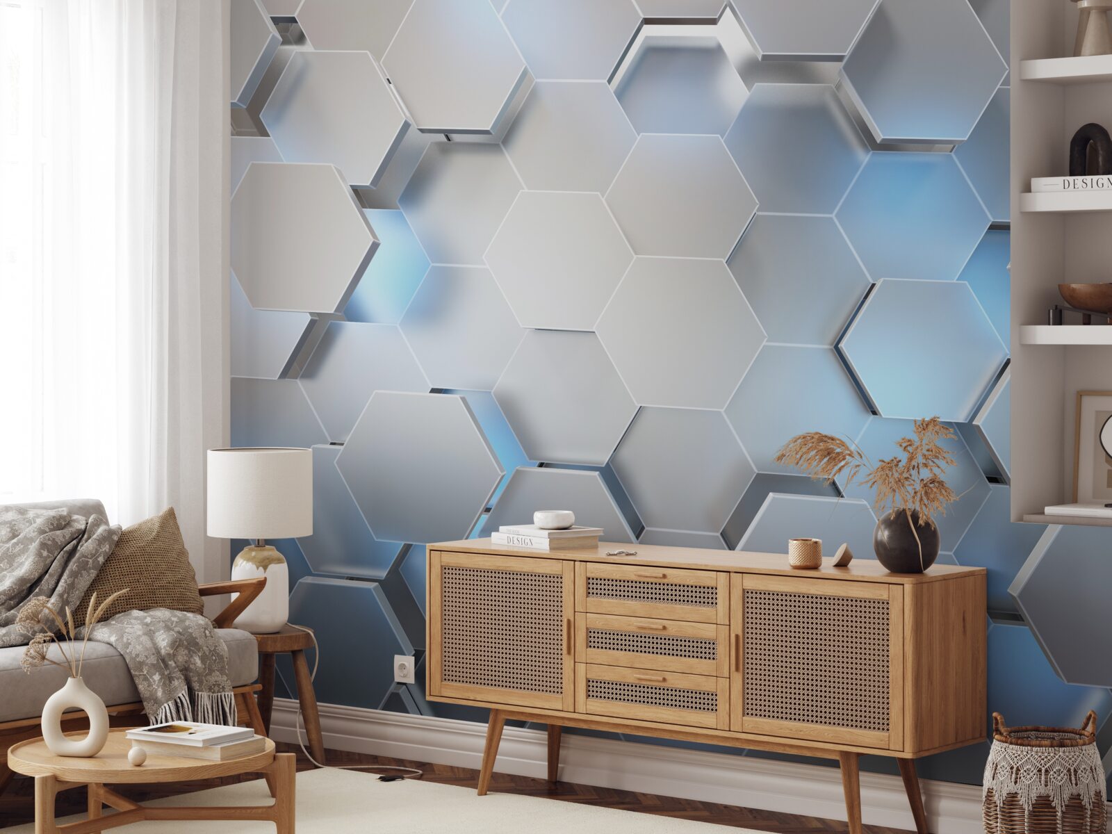 Papier peint hexagones gris avec accent bleu