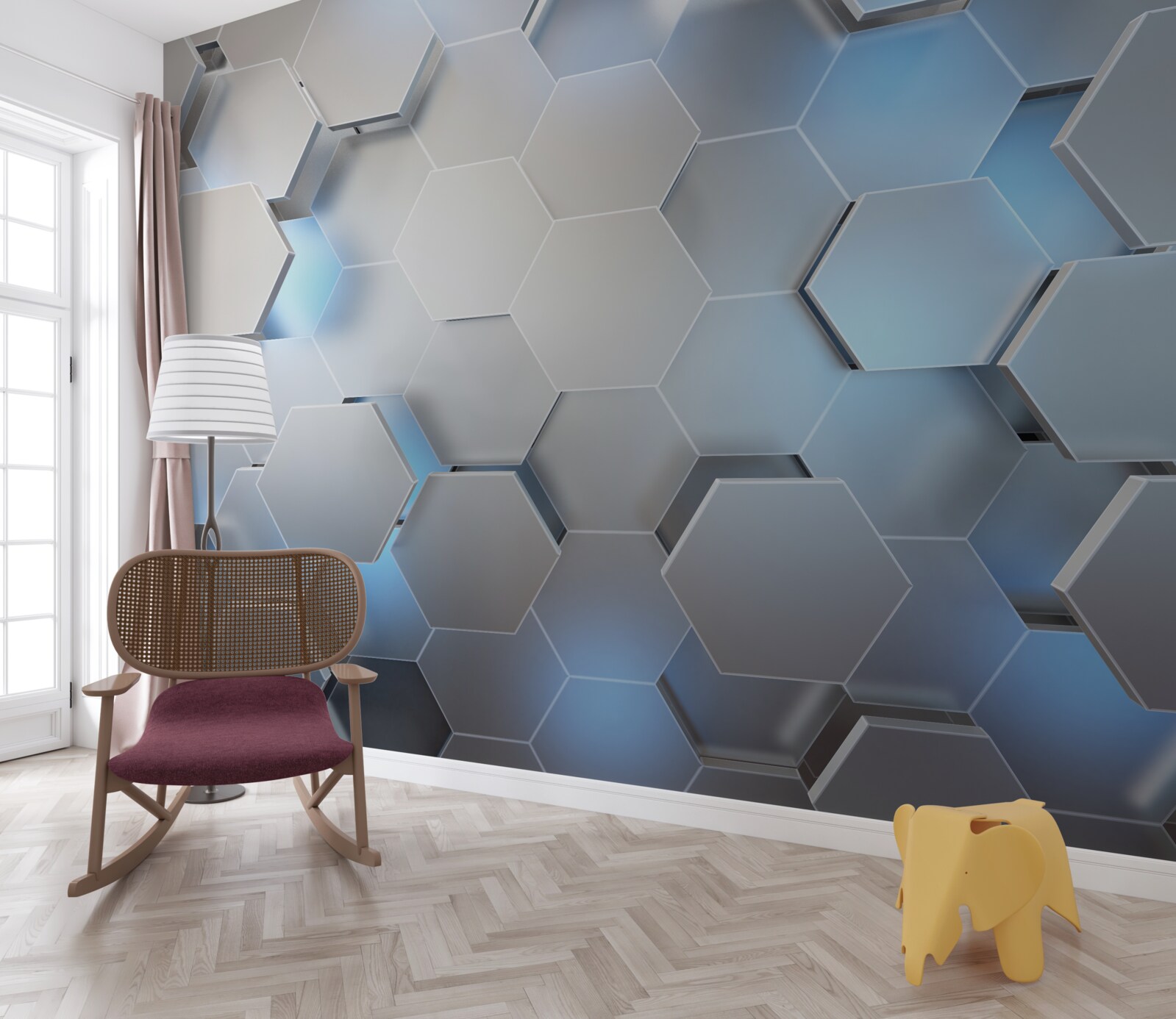 Papier peint hexagones gris avec accent bleu