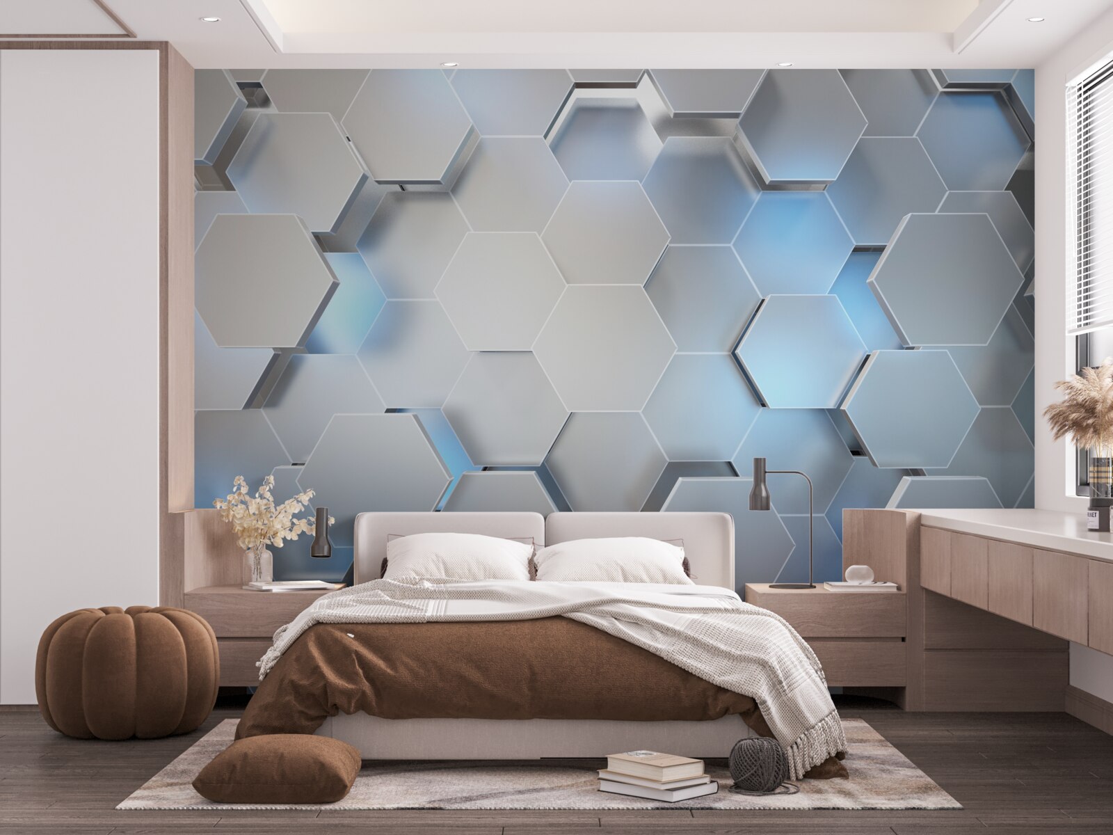 Papier peint hexagones gris avec accent bleu