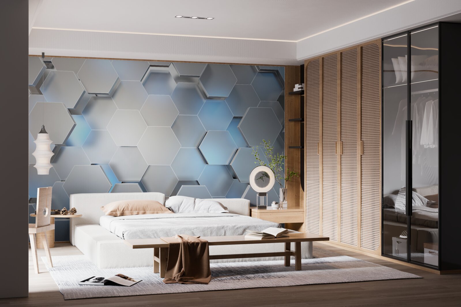 Papier peint hexagones gris avec accent bleu