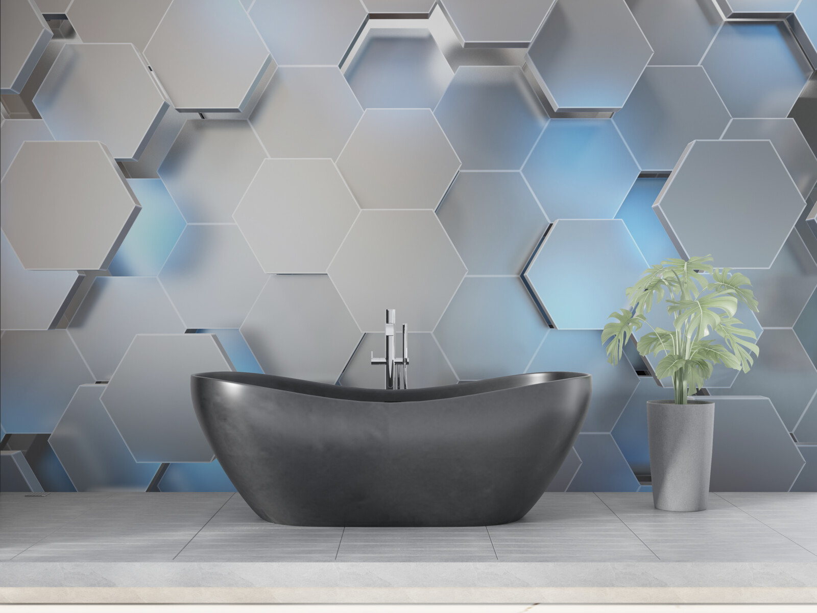 Papier peint hexagones gris avec accent bleu