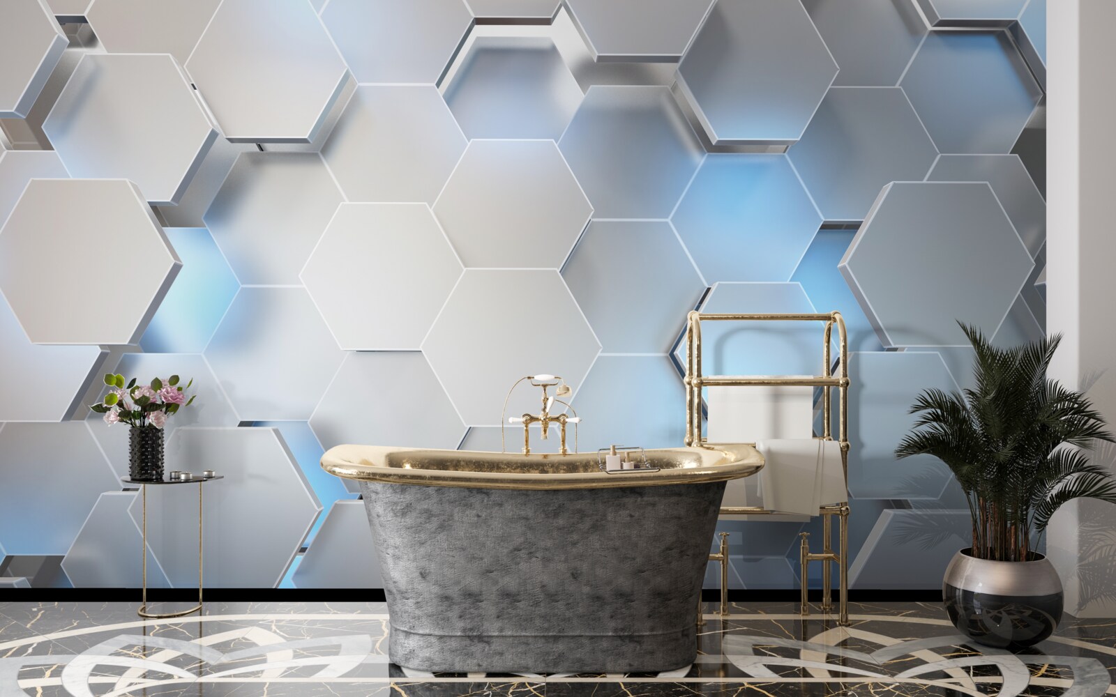 Papier peint hexagones gris avec accent bleu