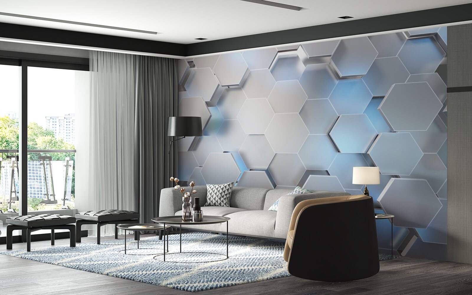 Papier peint hexagones gris avec accent bleu