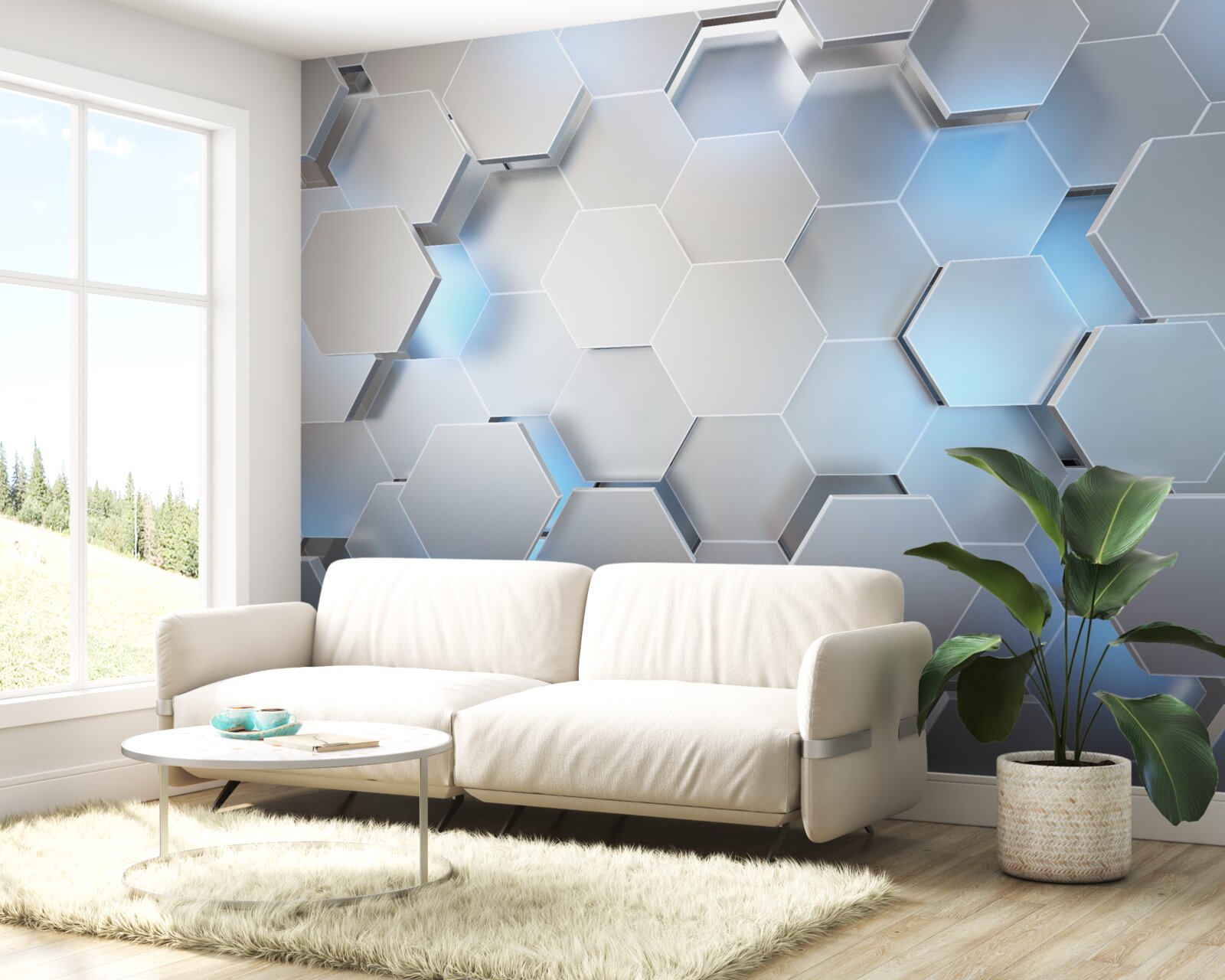 Papier peint hexagones gris avec accent bleu