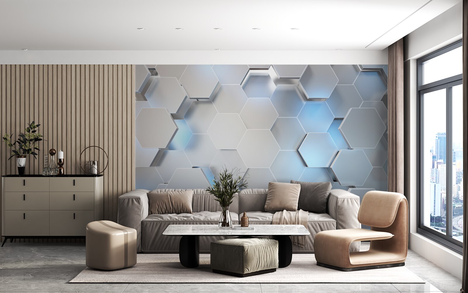 Papier peint hexagones gris avec accent bleu