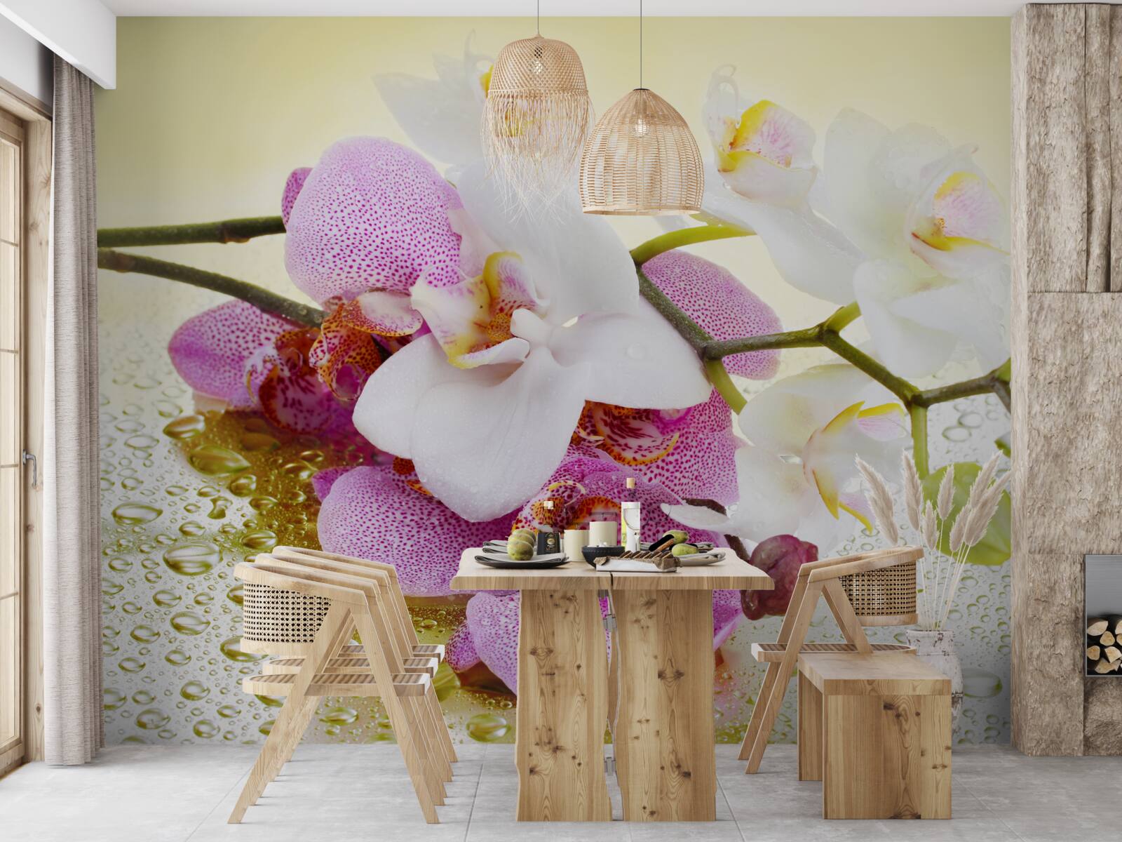 Papier peint gouttes sur les branches d'orchidées délicieuses