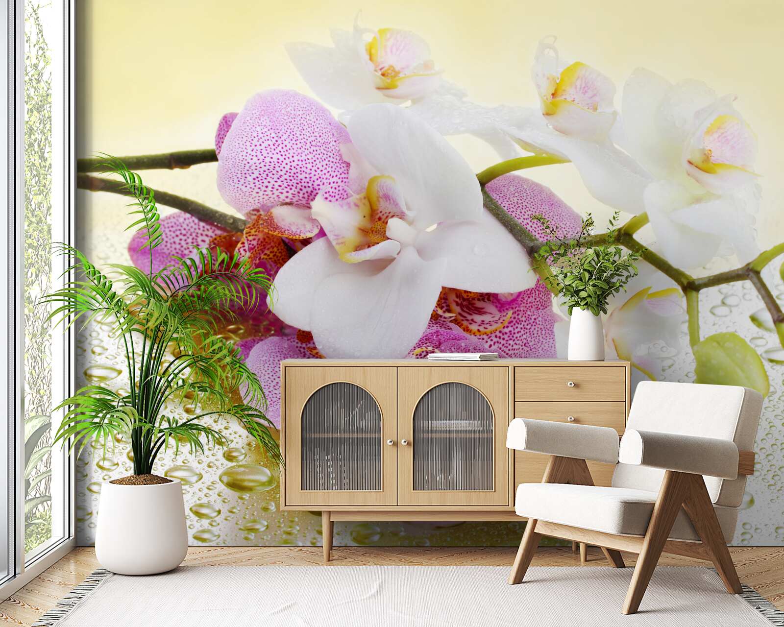Papier peint gouttes sur les branches d'orchidées délicieuses