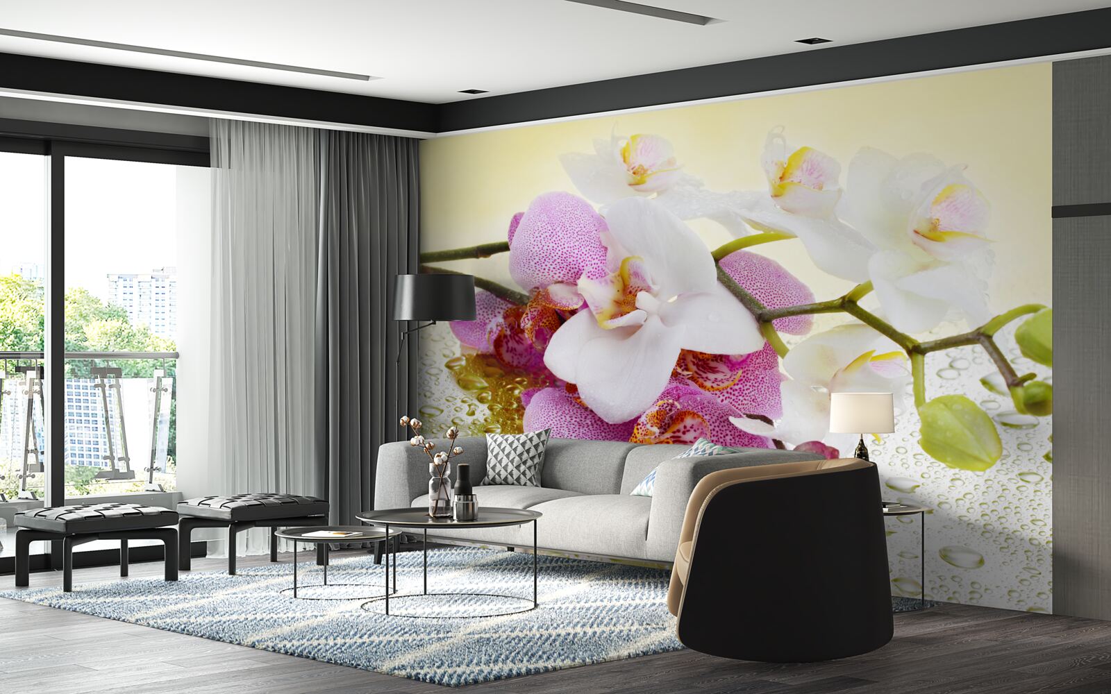 Papier peint gouttes sur les branches d'orchidées délicieuses