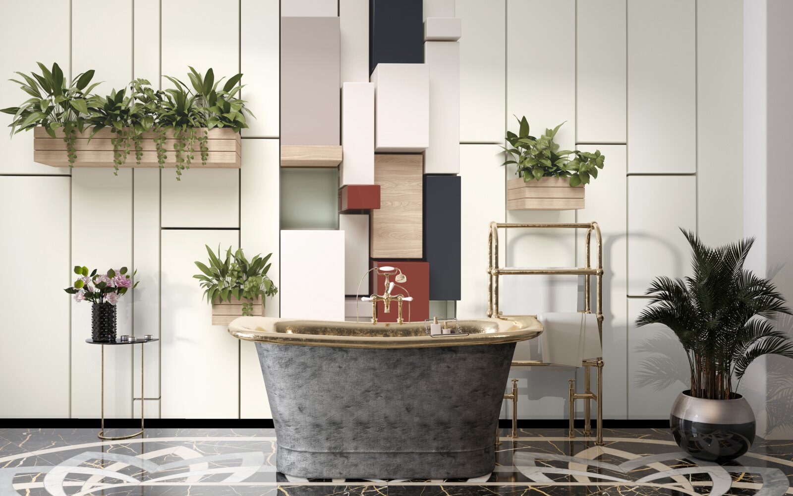 Papier peint pots avec plantes vertes sur le mur