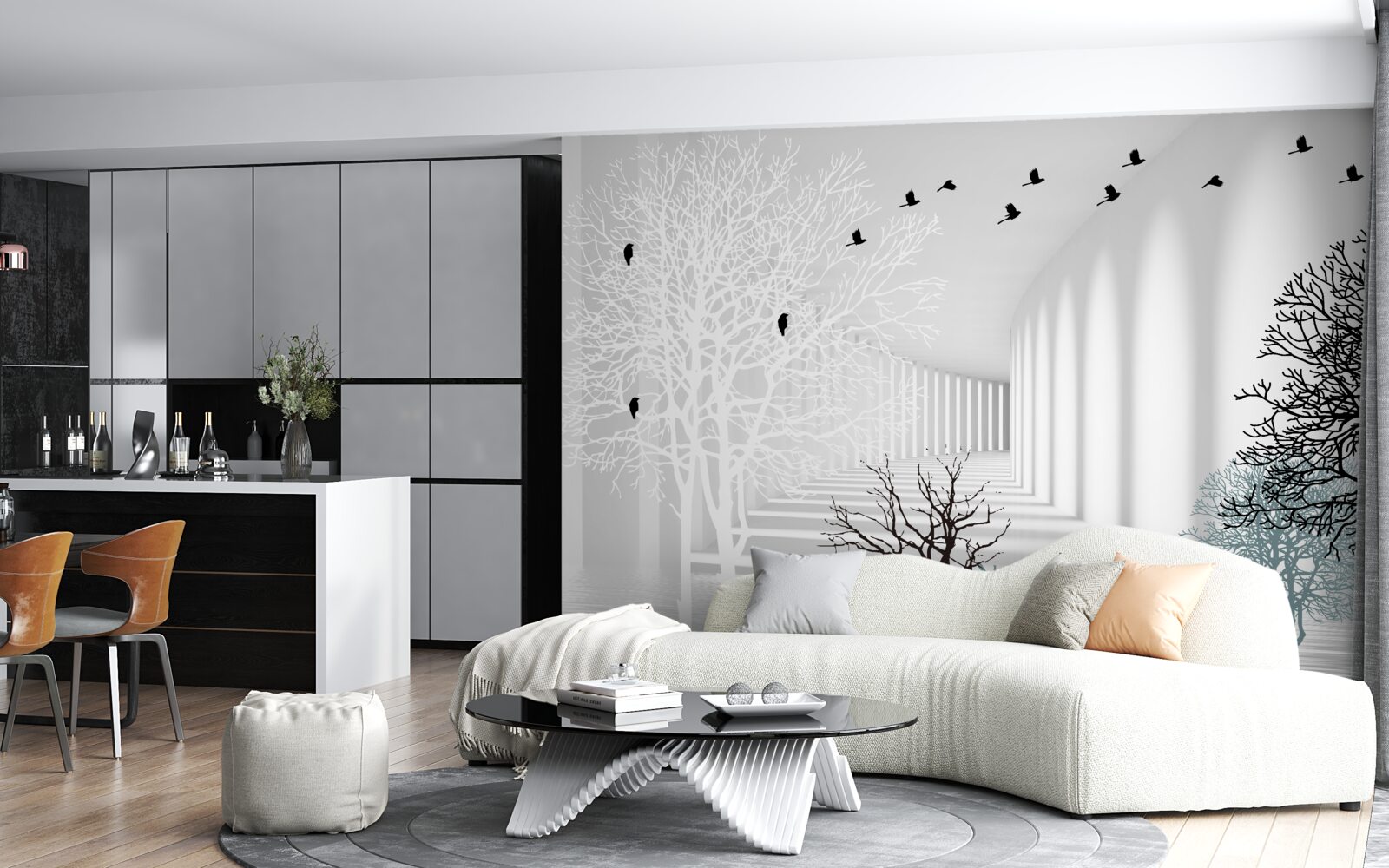 Papier peint les arbres qui ont perdu leurs feuilles et les oiseaux qui s'envolent avec l'arrivée de l'automne