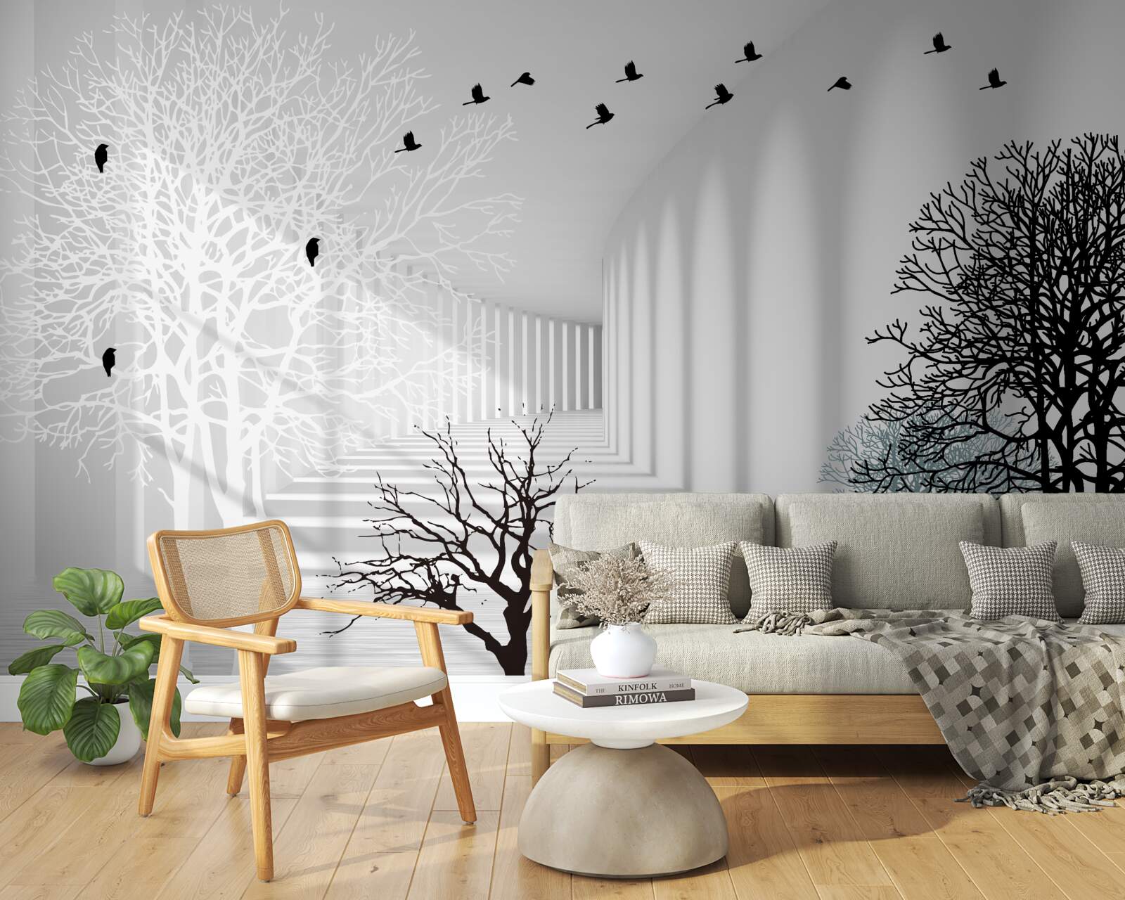 Papier peint les arbres qui ont perdu leurs feuilles et les oiseaux qui s'envolent avec l'arrivée de l'automne