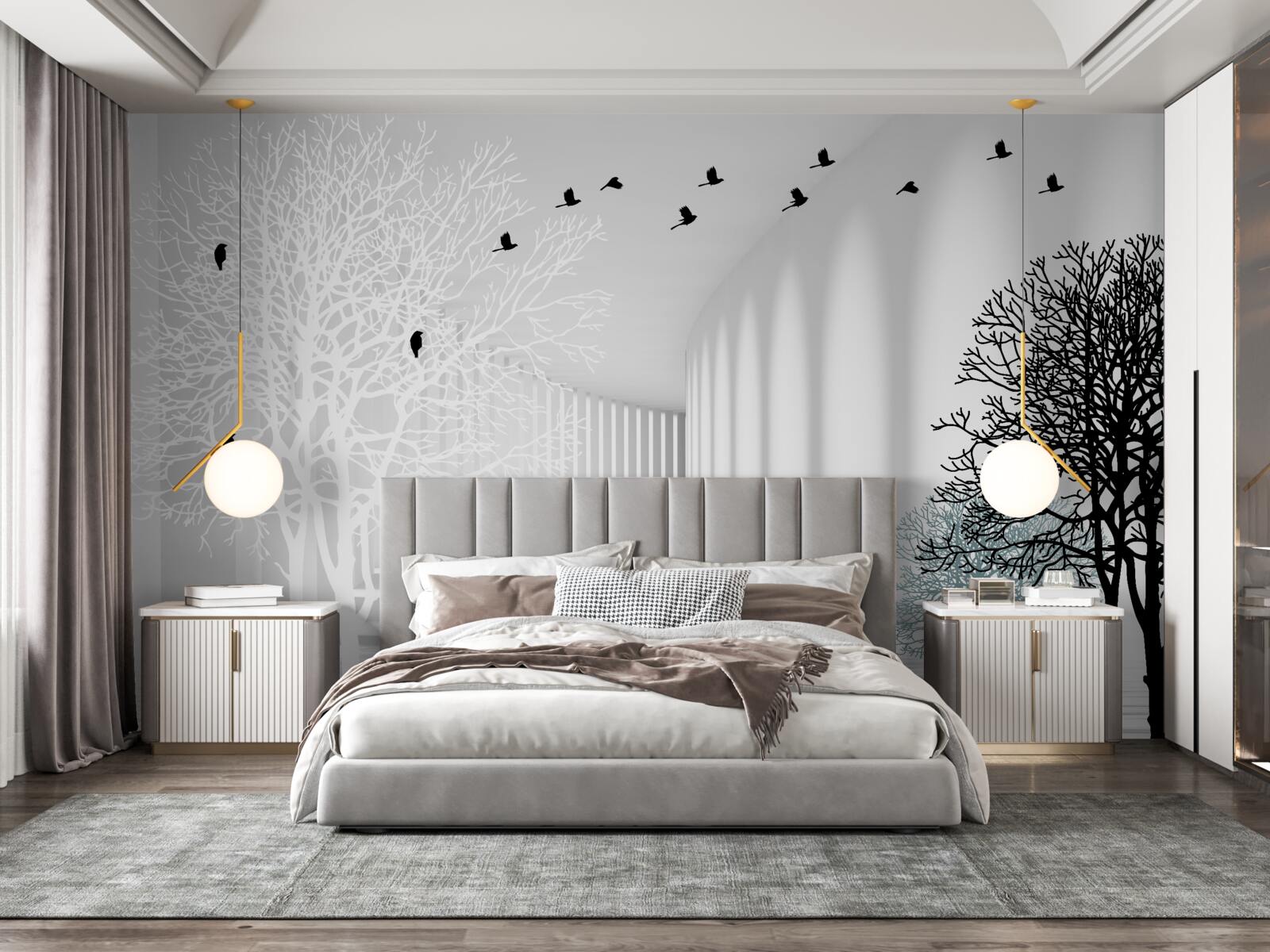 Papier peint les arbres qui ont perdu leurs feuilles et les oiseaux qui s'envolent avec l'arrivée de l'automne