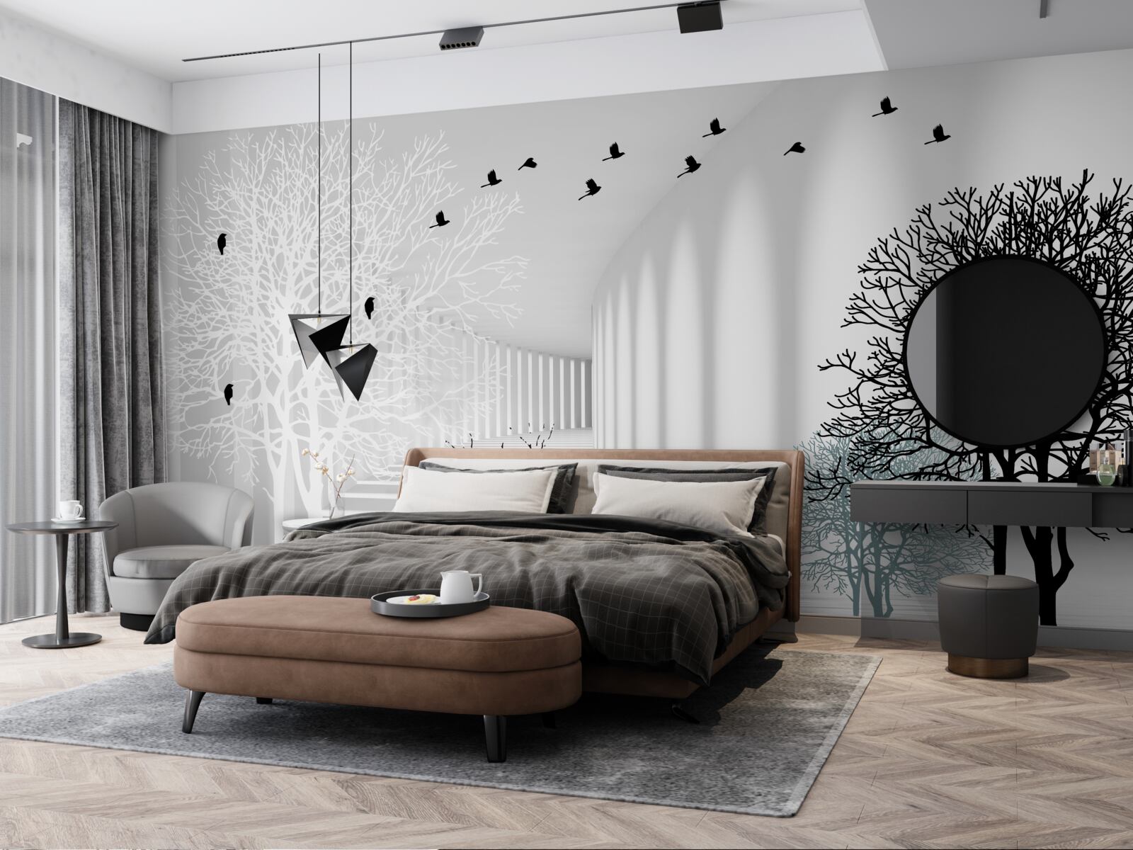 Papier peint les arbres qui ont perdu leurs feuilles et les oiseaux qui s'envolent avec l'arrivée de l'automne