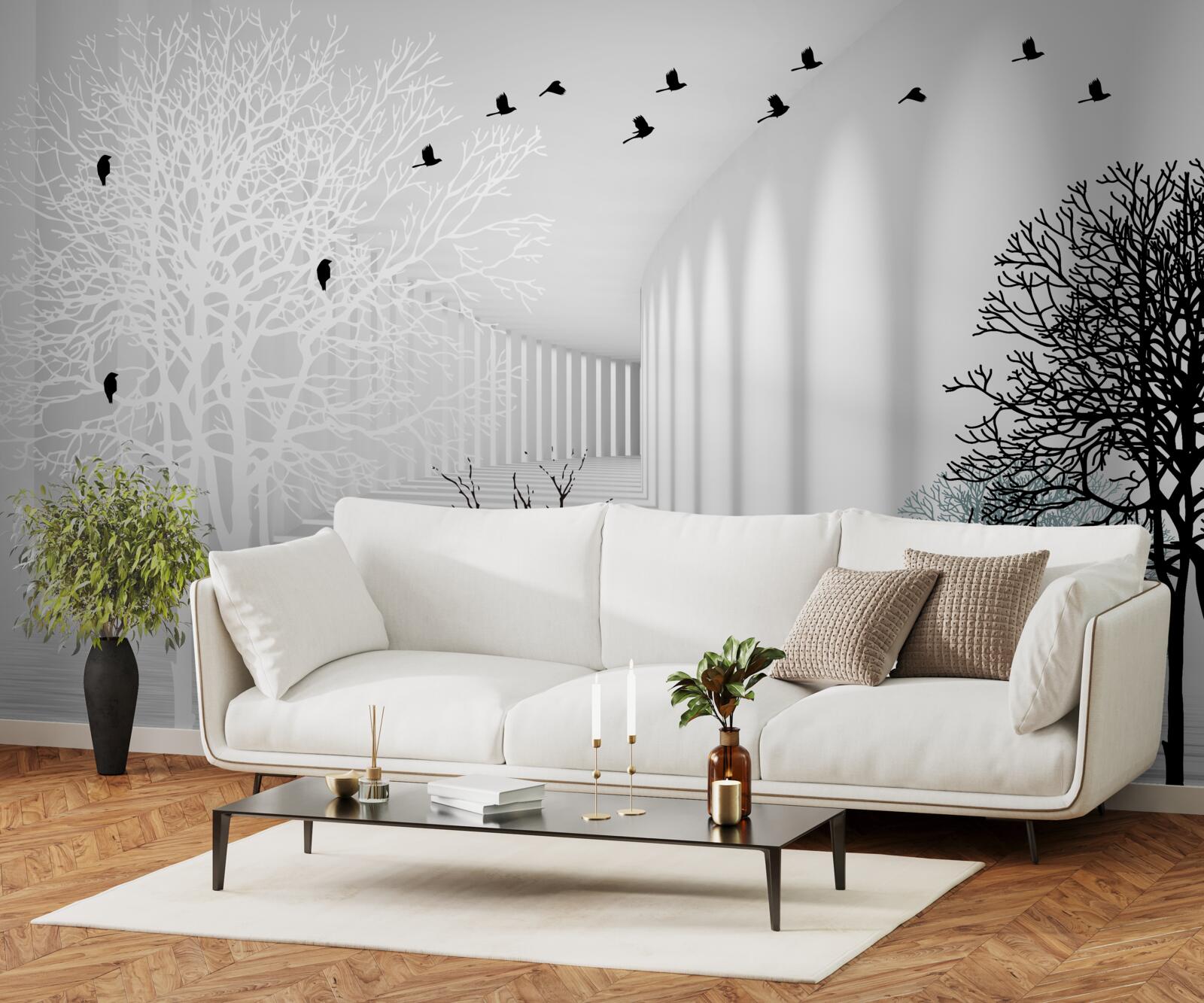 Papier peint les arbres qui ont perdu leurs feuilles et les oiseaux qui s'envolent avec l'arrivée de l'automne