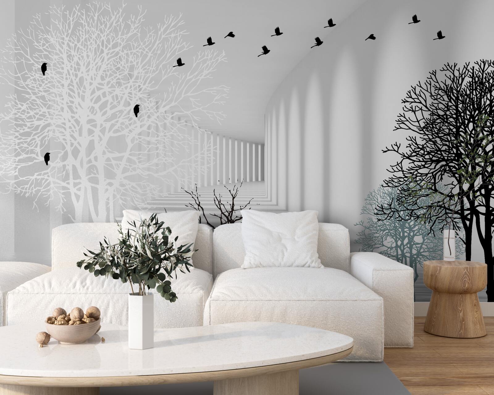 Papier peint les arbres qui ont perdu leurs feuilles et les oiseaux qui s'envolent avec l'arrivée de l'automne