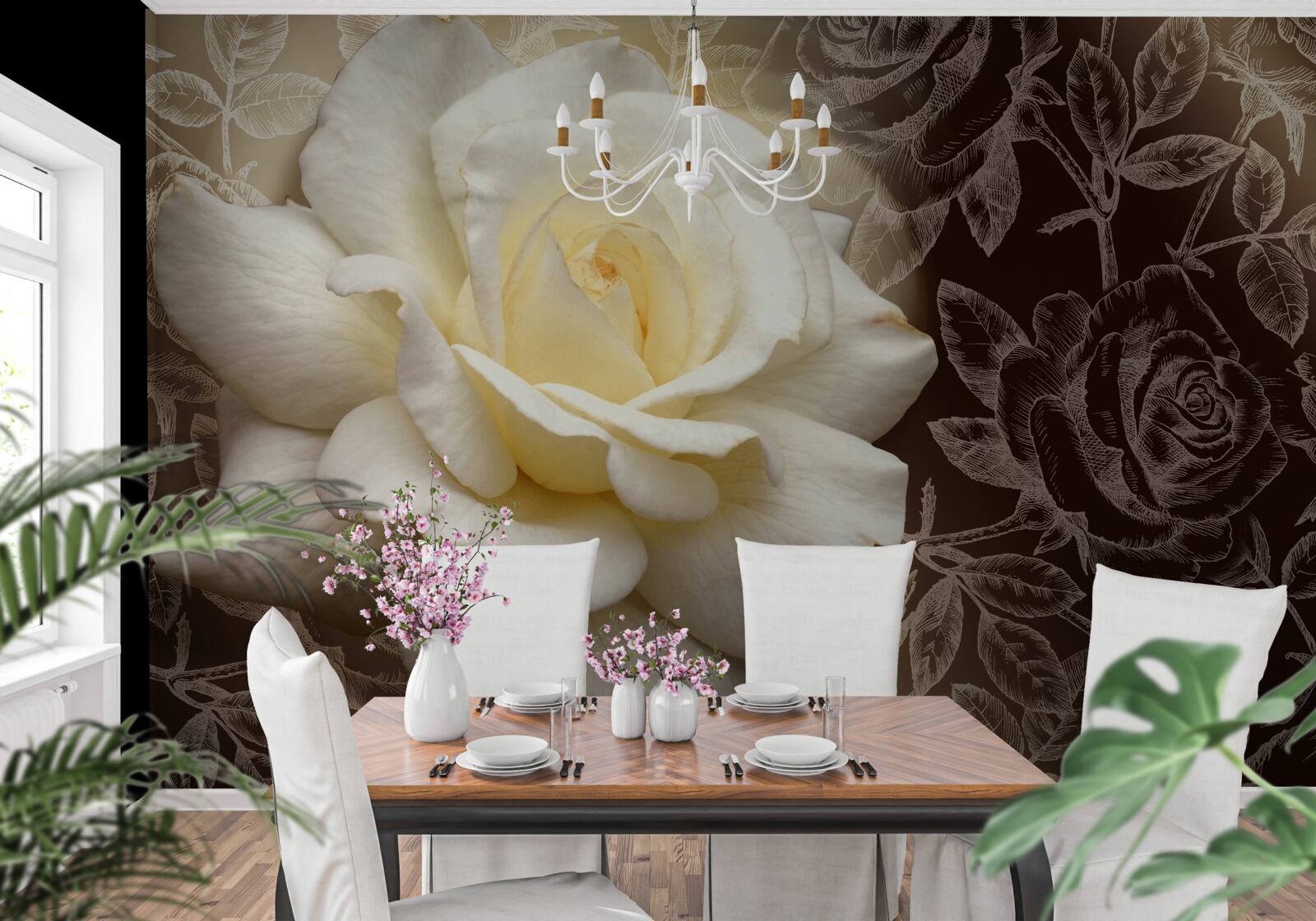 Papier peint grande rose blanche