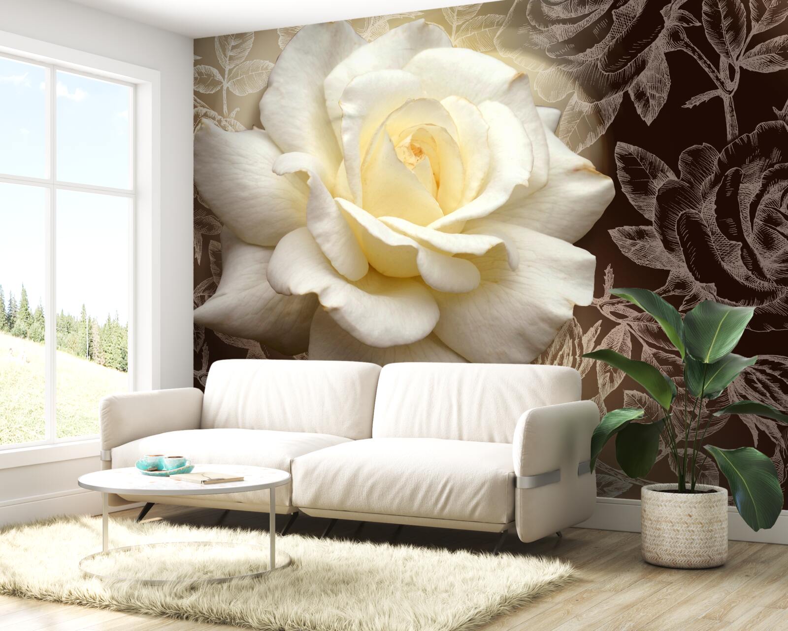 Papier peint grande rose blanche