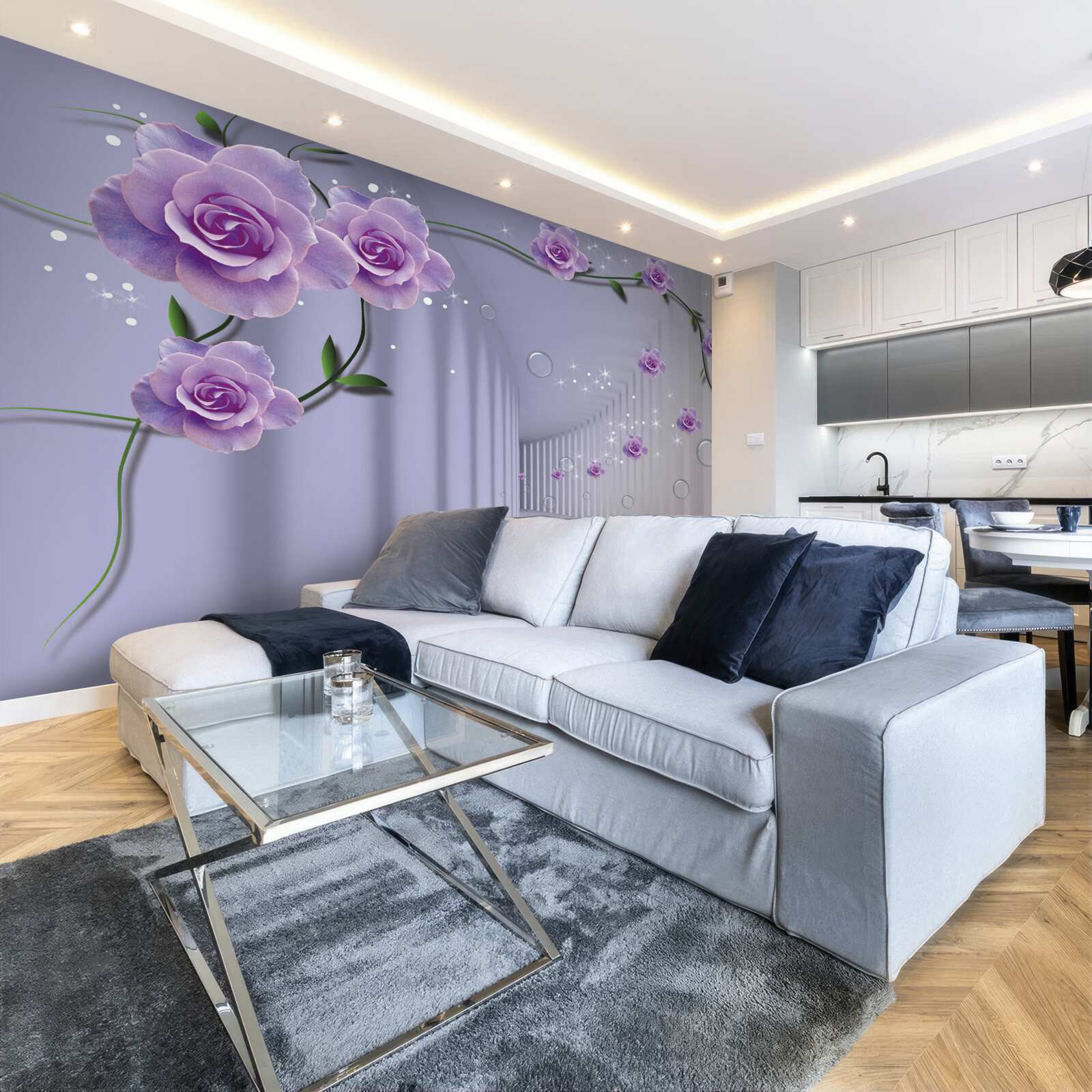 Papier peint couloir décoré dans les tons lilas