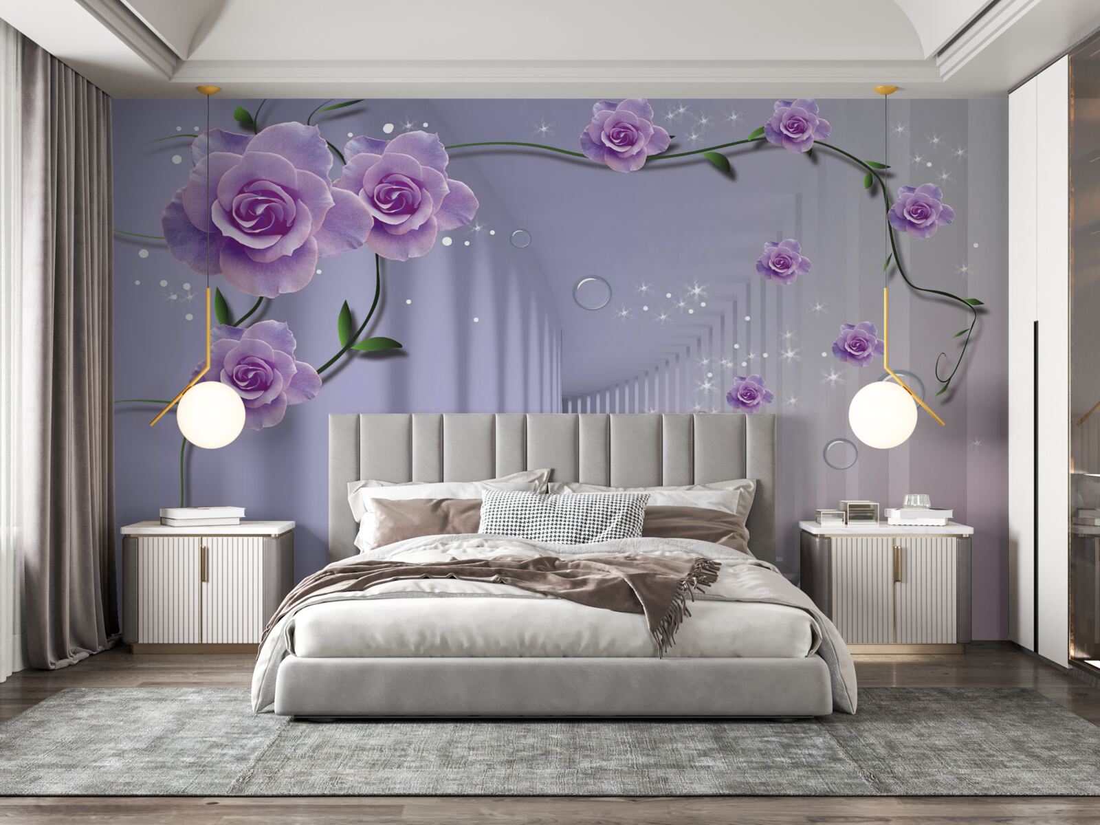 Papier peint couloir décoré dans les tons lilas