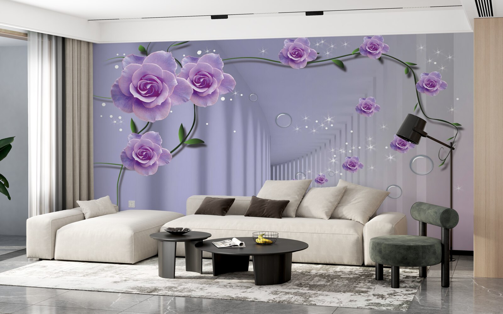 Papier peint couloir décoré dans les tons lilas