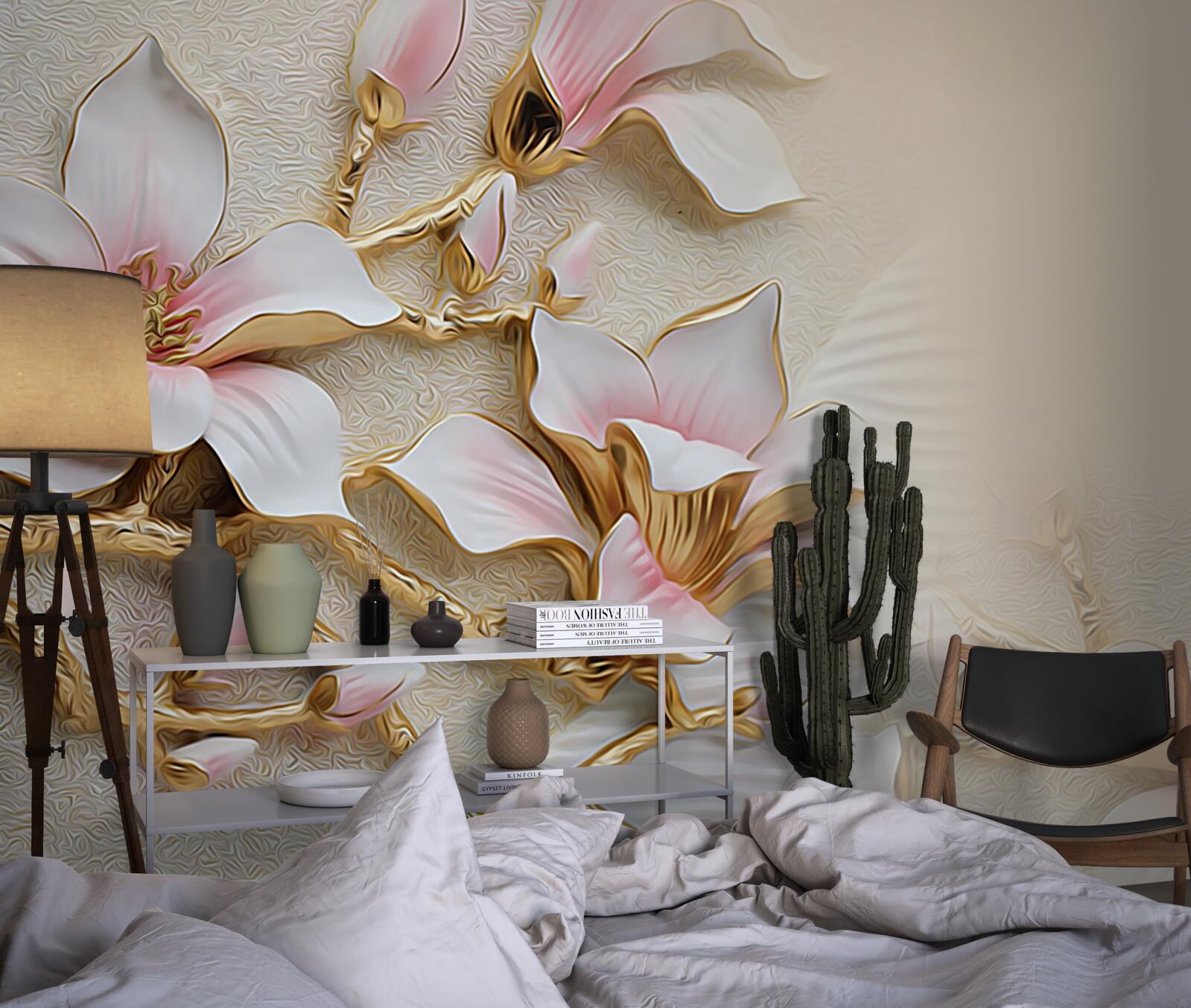 Papier peint des fleurs dans les tons rose et or