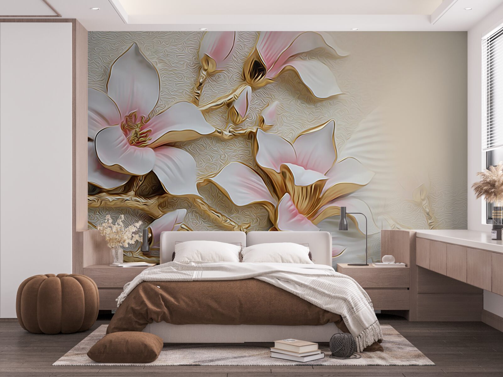 Papier peint des fleurs dans les tons rose et or