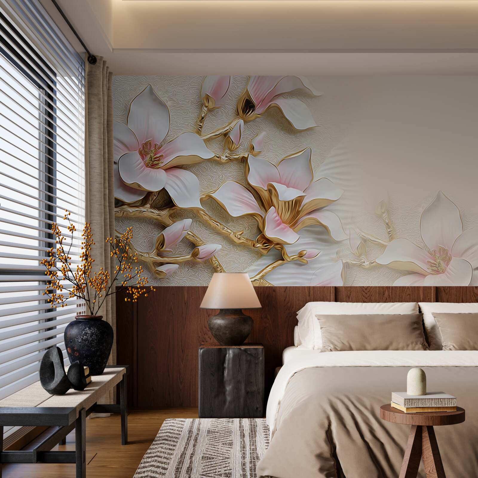 Papier peint des fleurs dans les tons rose et or