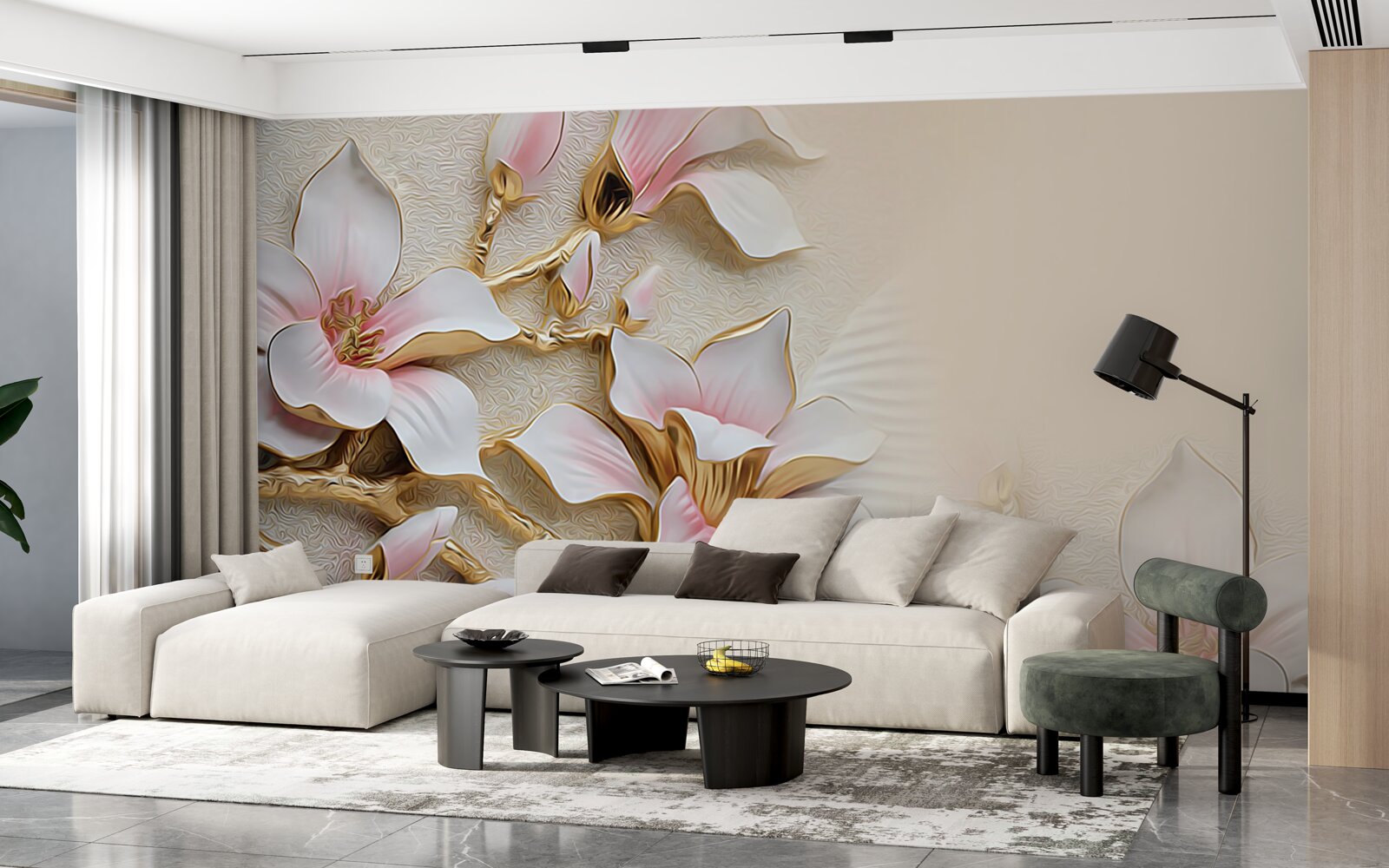 Papier peint des fleurs dans les tons rose et or