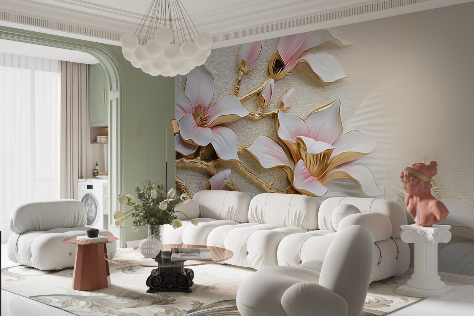 Papier peint des fleurs dans les tons rose et or