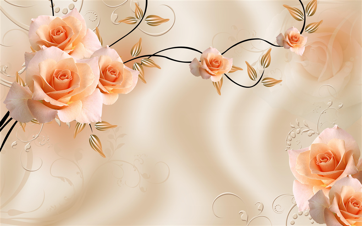 Papier peint soie couleur pêche avec fleurs roses