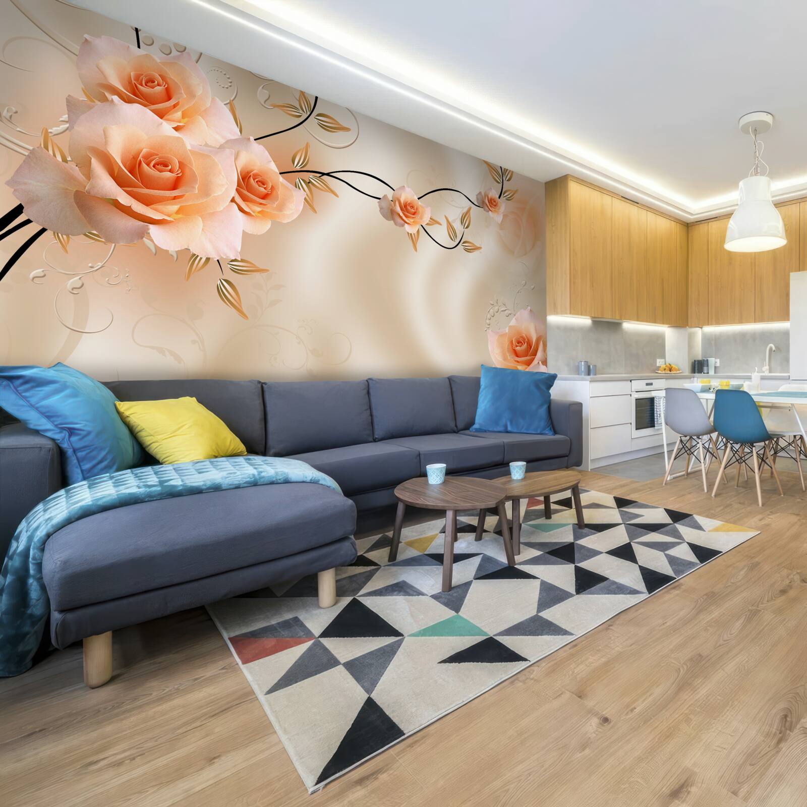 Papier peint soie couleur pêche avec fleurs roses