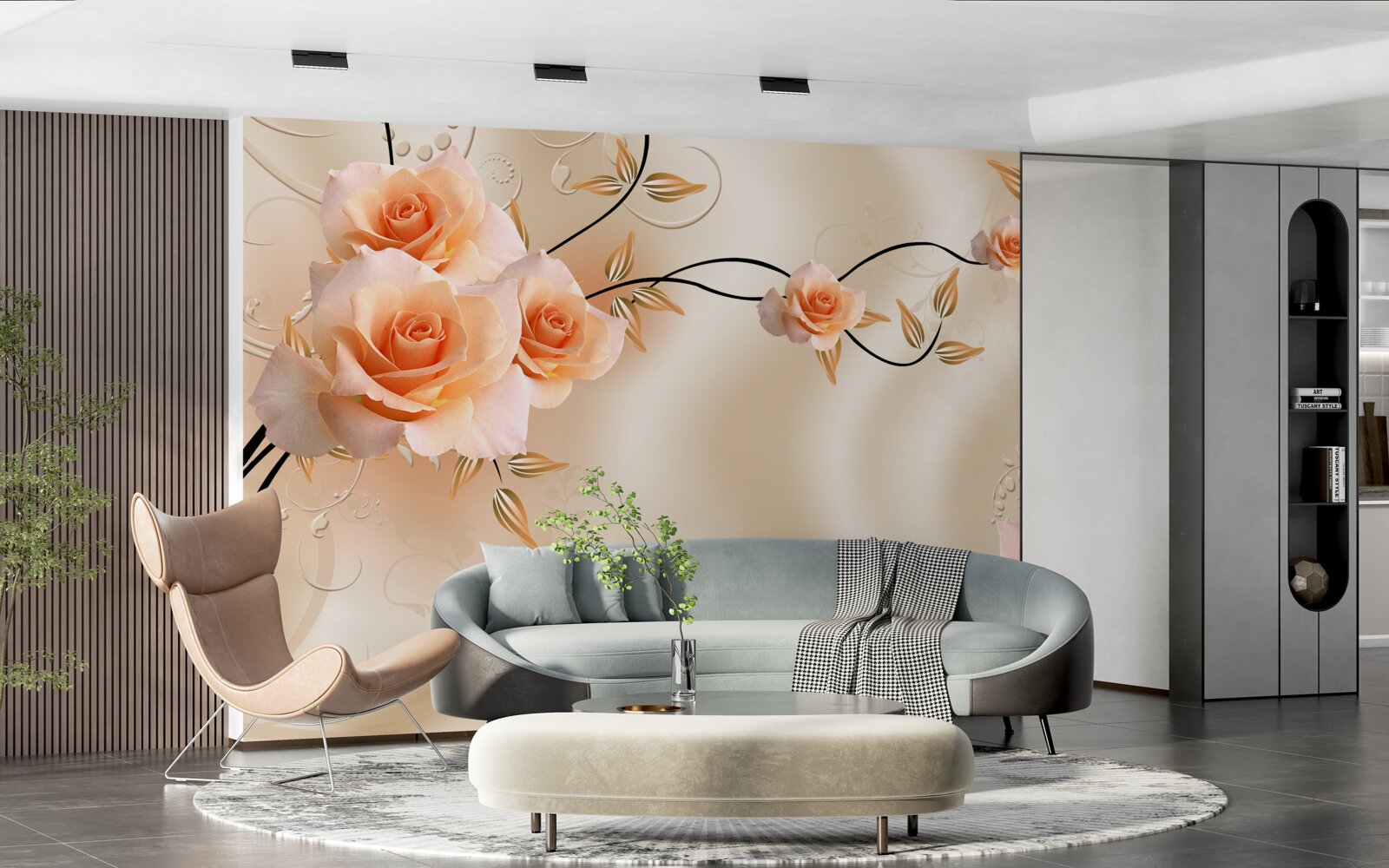 Papier peint soie couleur pêche avec fleurs roses