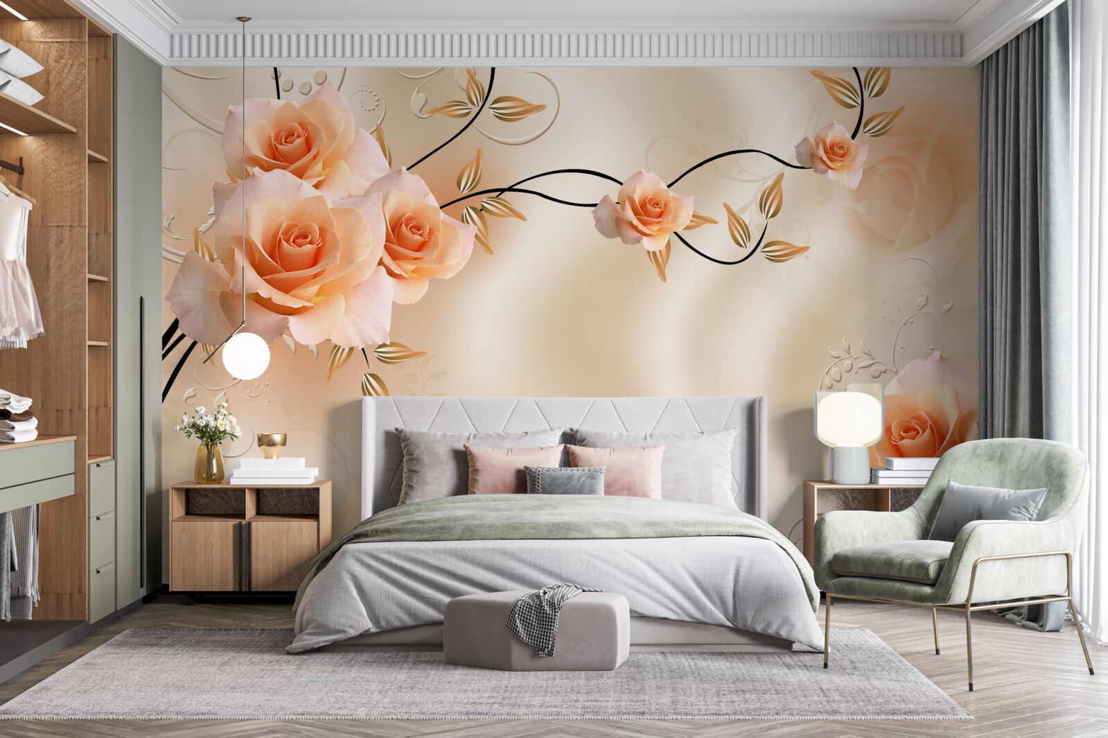 Papier peint soie couleur pêche avec fleurs roses