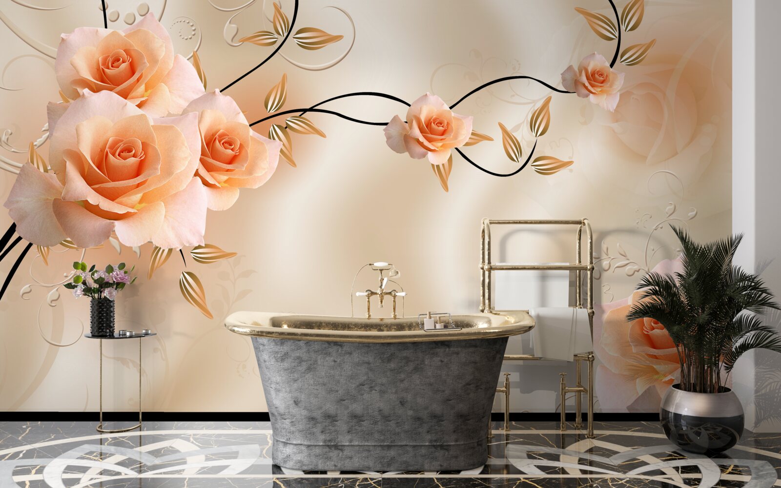 Papier peint soie couleur pêche avec fleurs roses