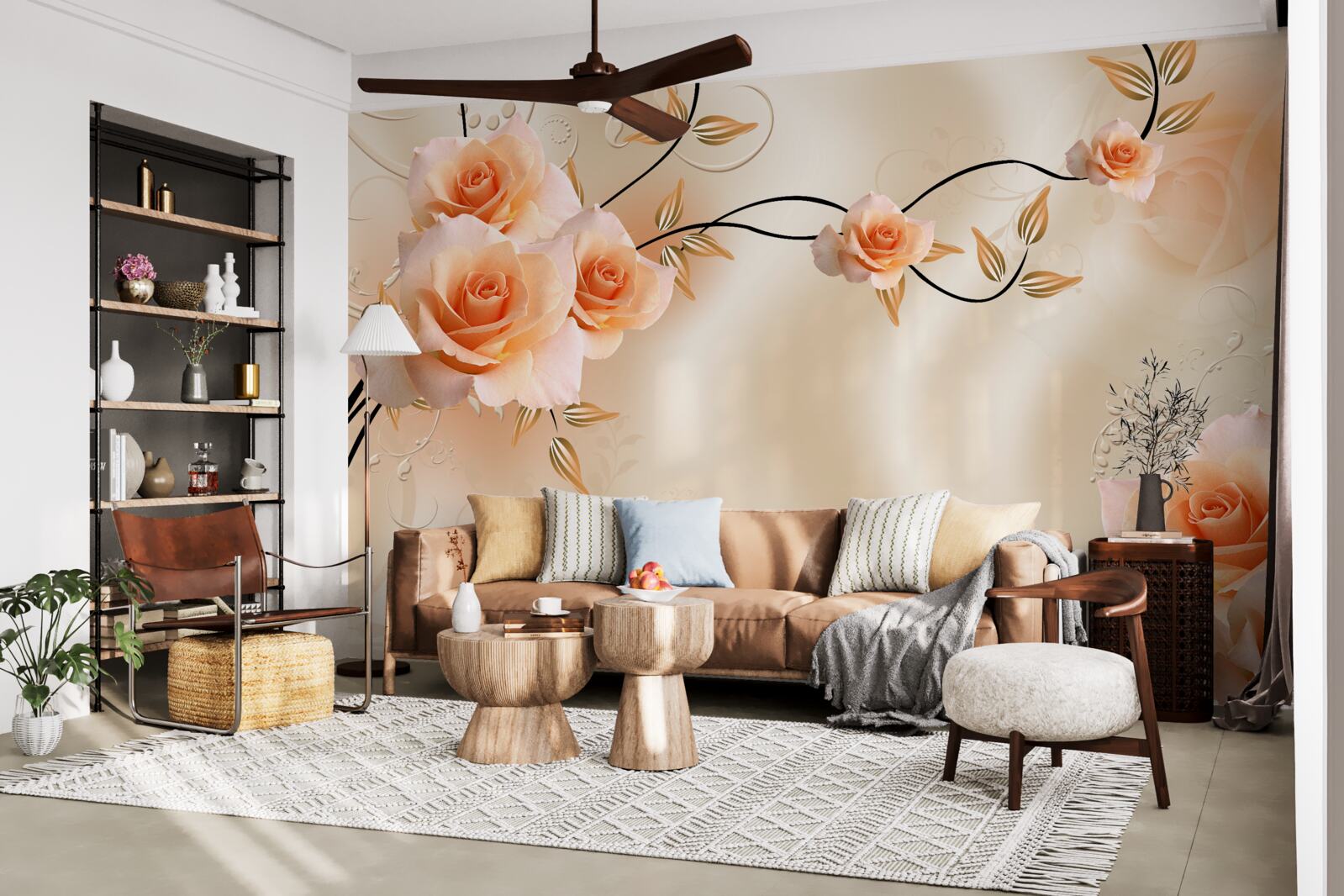 Papier peint soie couleur pêche avec fleurs roses