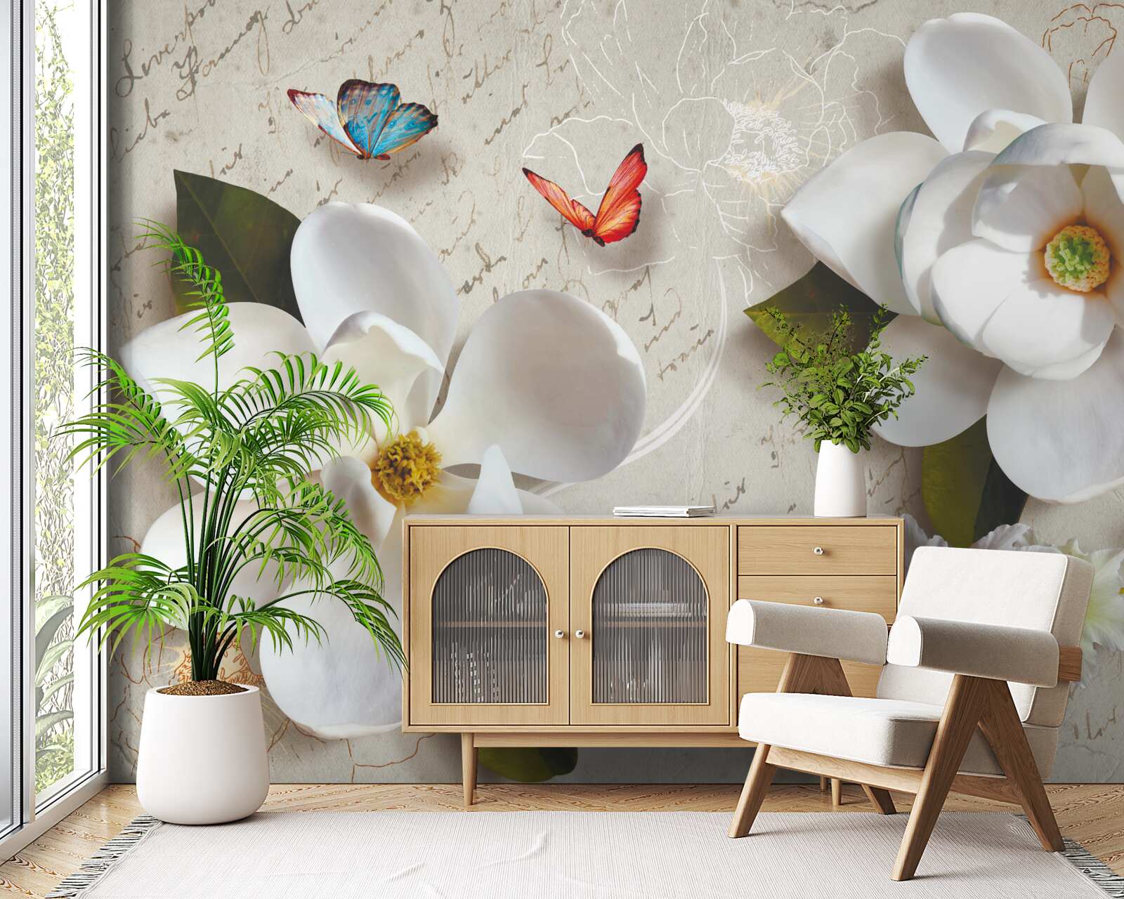 Papier peint des lotus blancs avec des papillons dont la tendresse fait vibrer l'âme