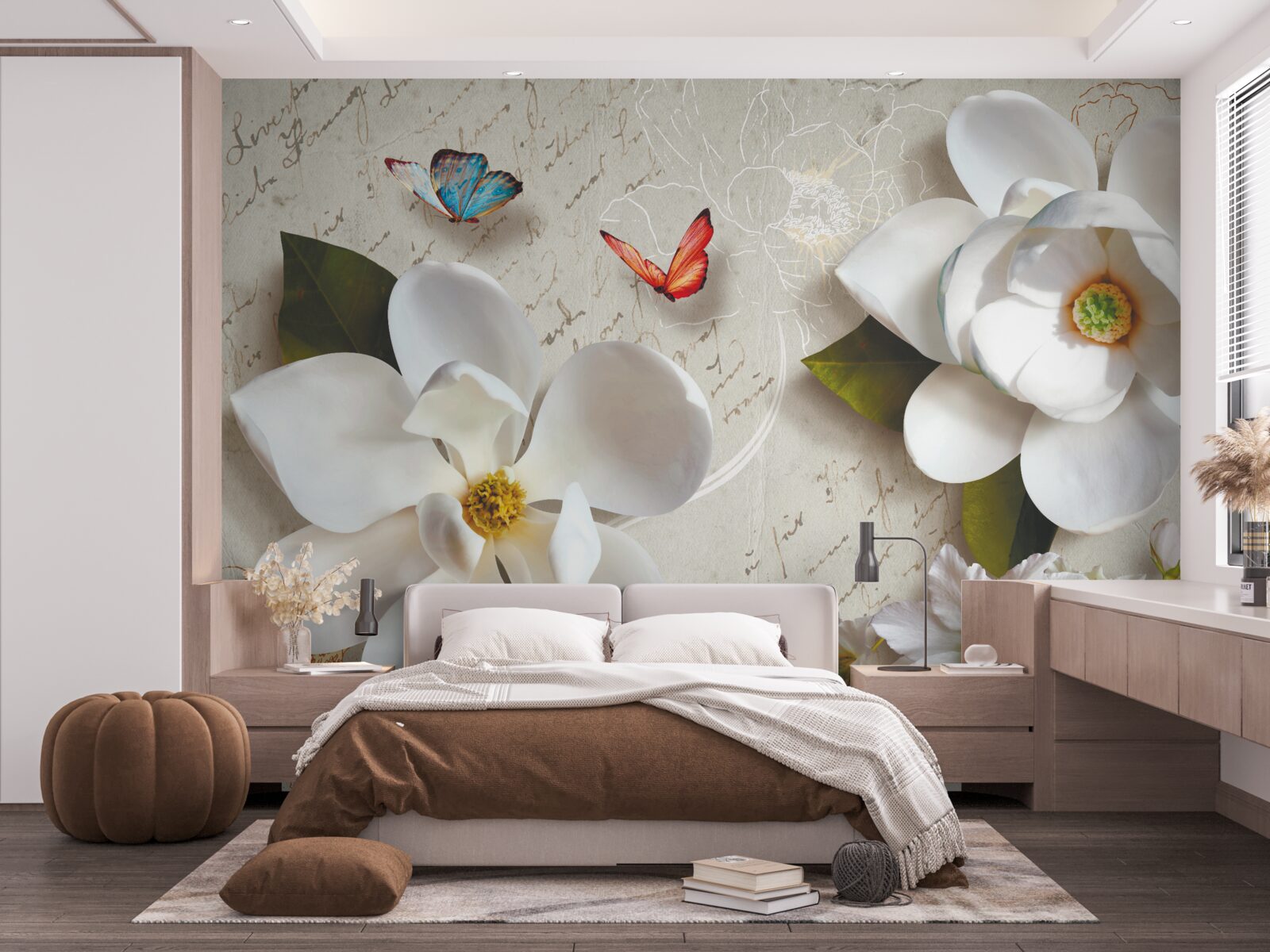 Papier peint des lotus blancs avec des papillons dont la tendresse fait vibrer l'âme