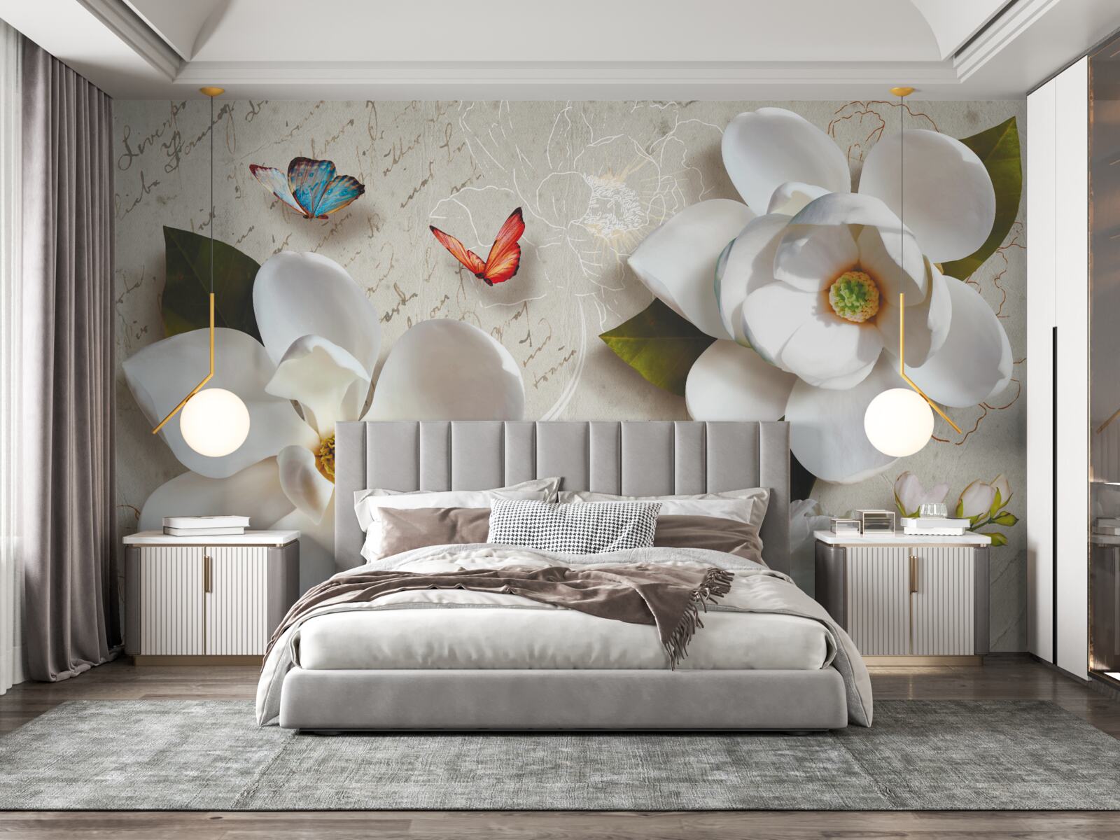 Papier peint des lotus blancs avec des papillons dont la tendresse fait vibrer l'âme