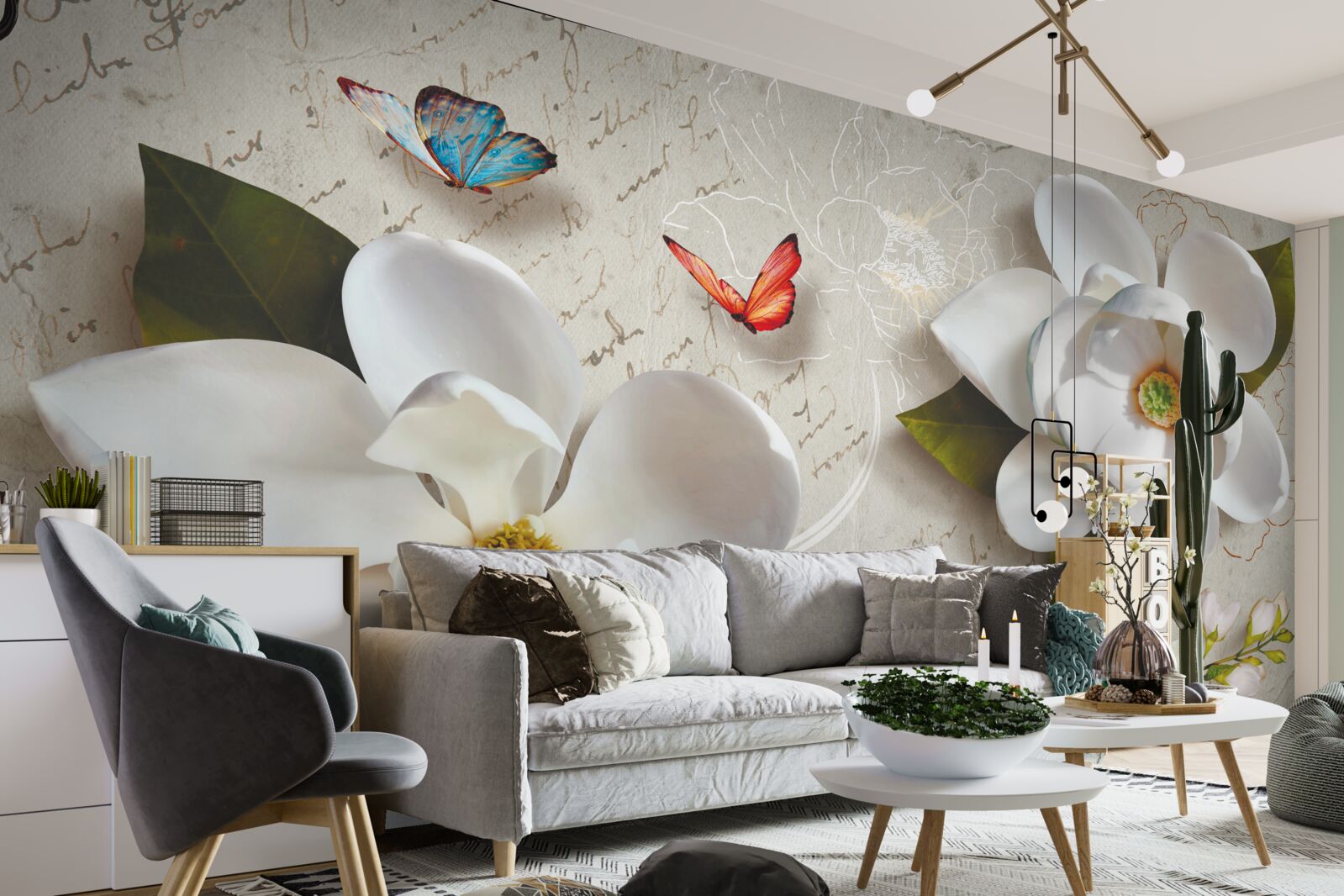 Papier peint des lotus blancs avec des papillons dont la tendresse fait vibrer l'âme