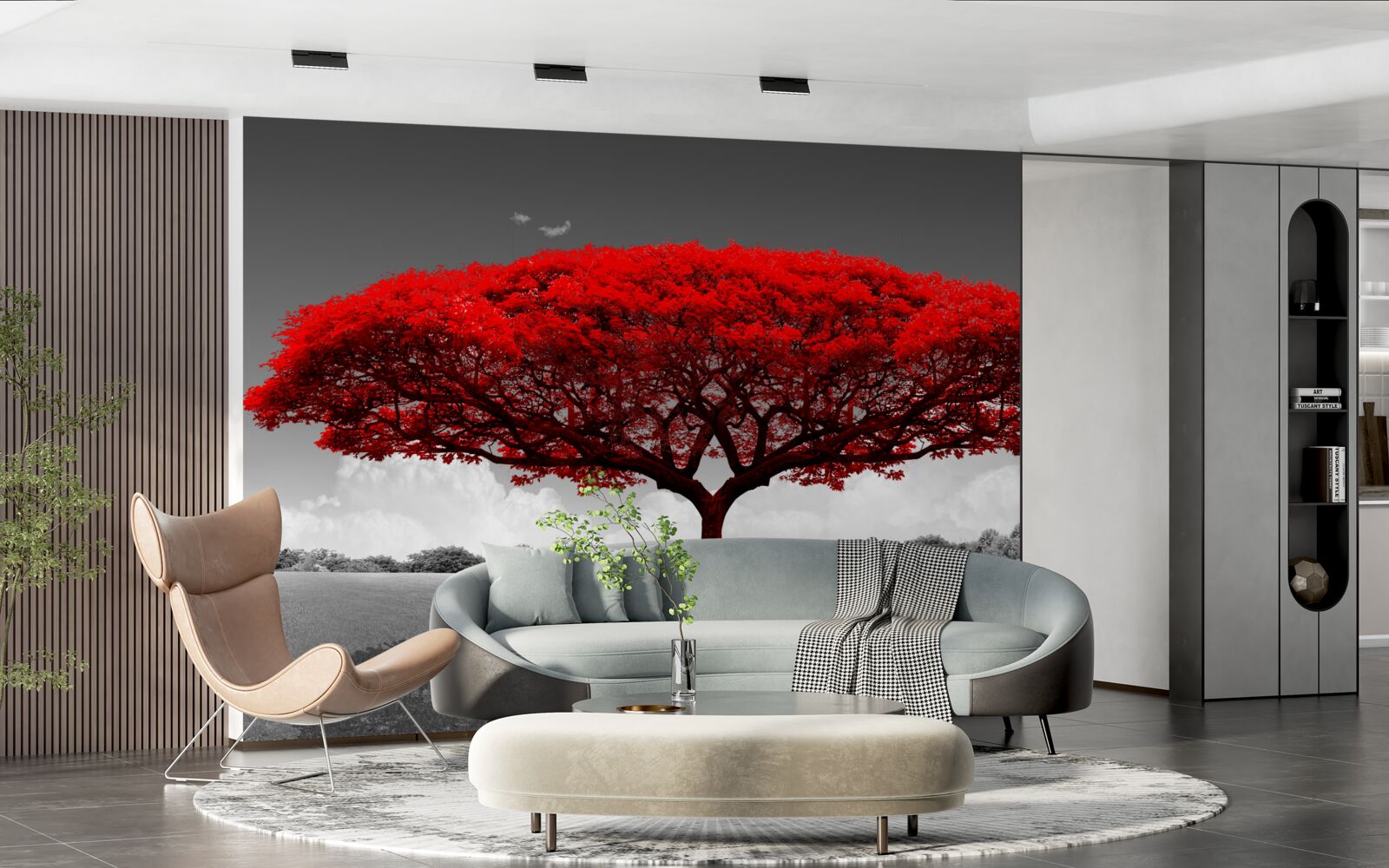 Papier peint La vie est un arbre rouge dans une clairière grise