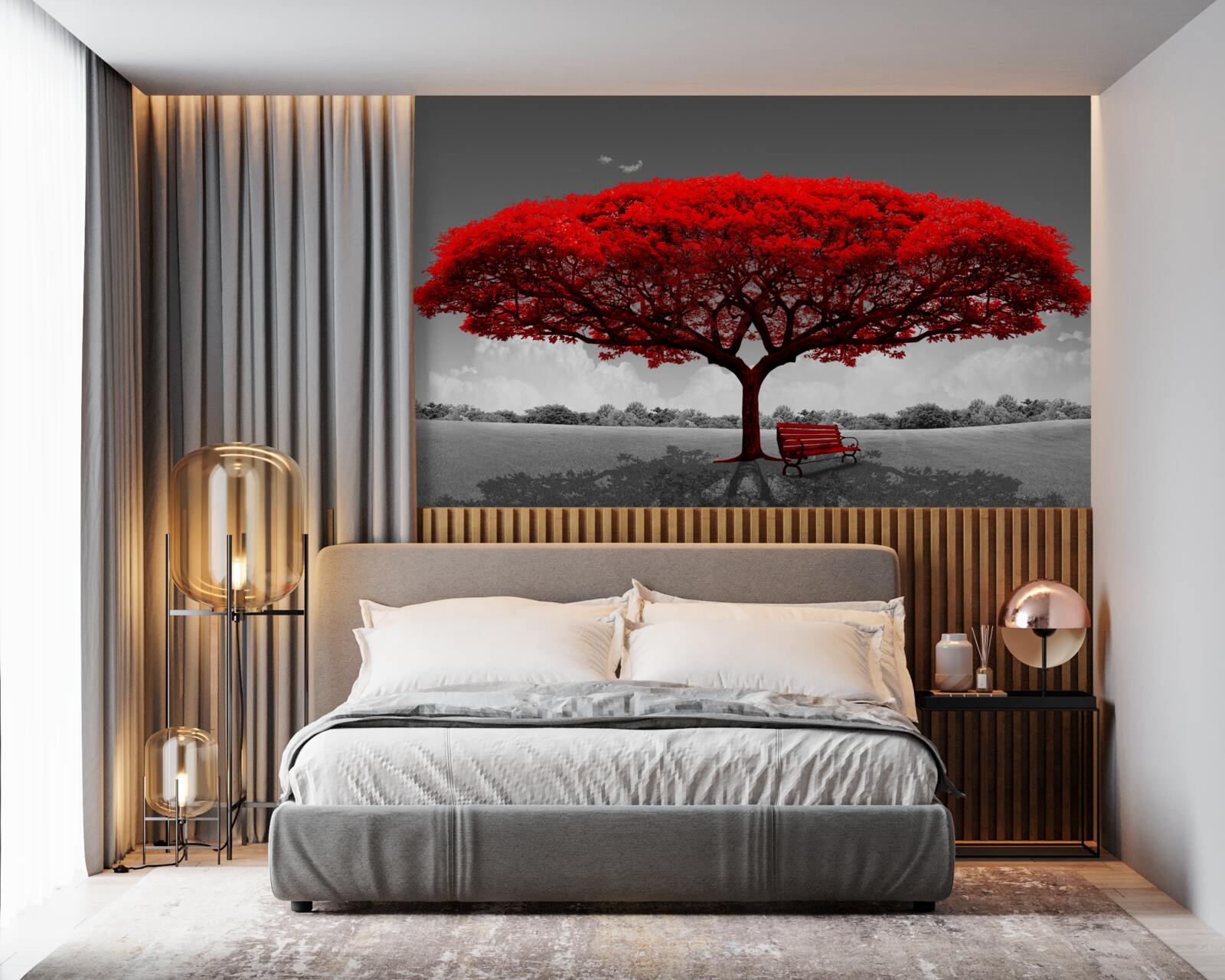 Papier peint La vie est un arbre rouge dans une clairière grise